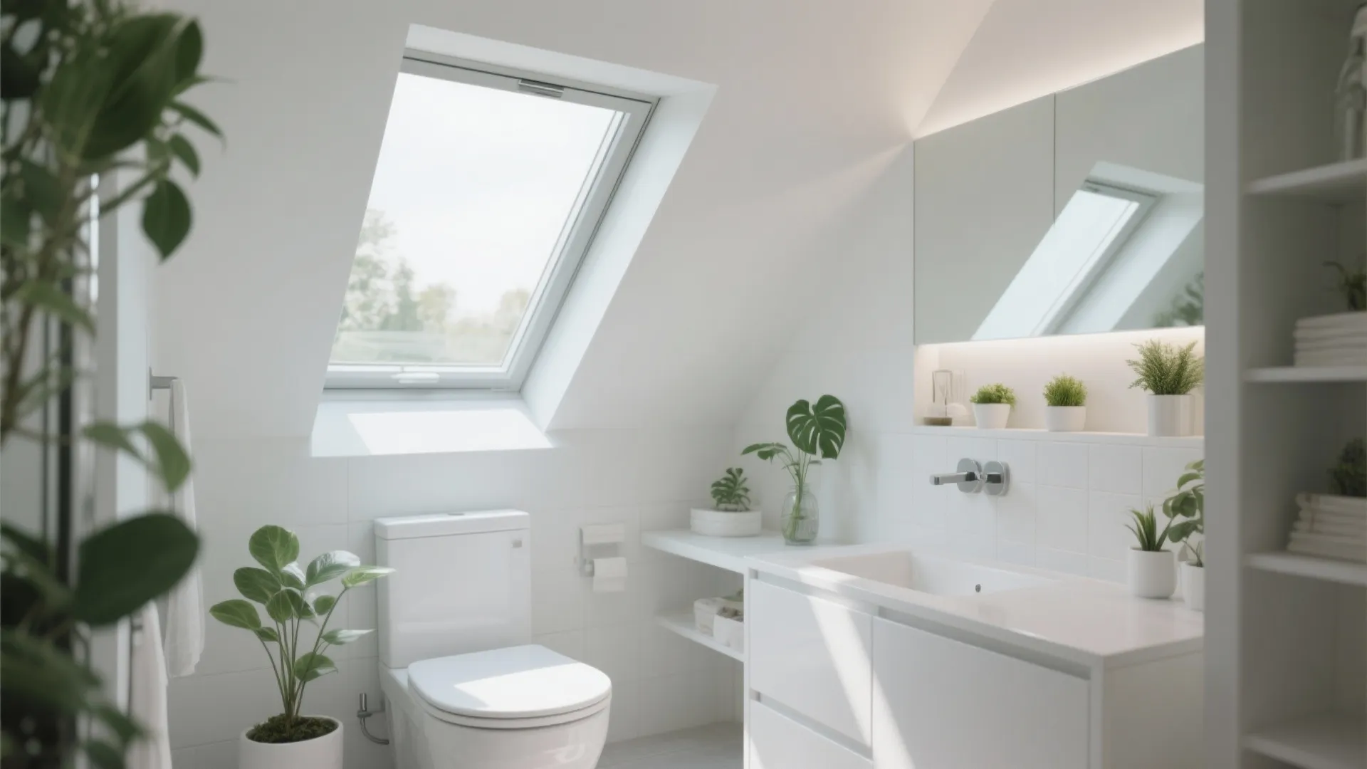 Modern white bathroom with a roof window over the toilet and sink plus green plants