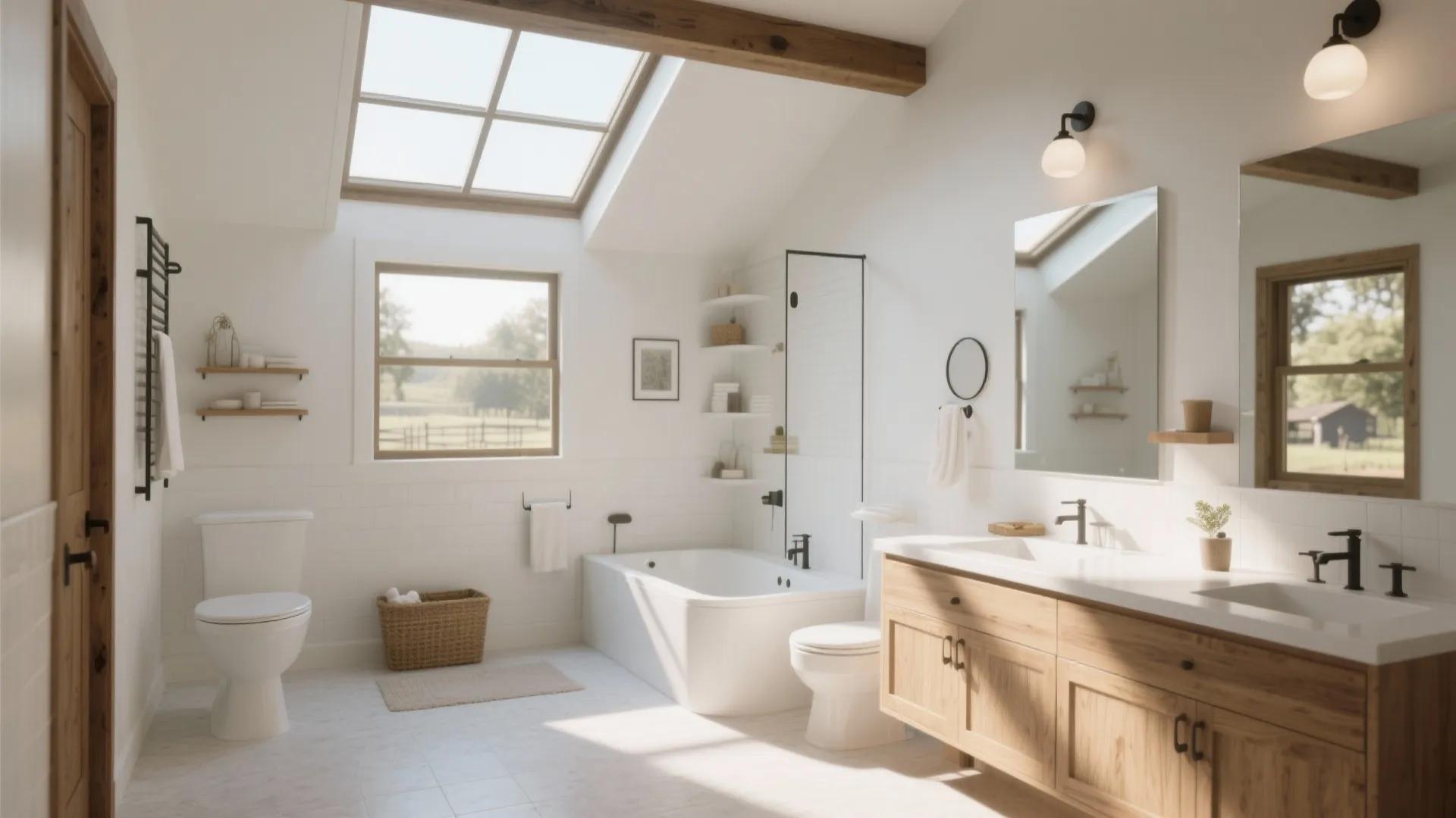 Bright bathroom with large roof window wooden vanity white bathtub toilet and wall light over mirror