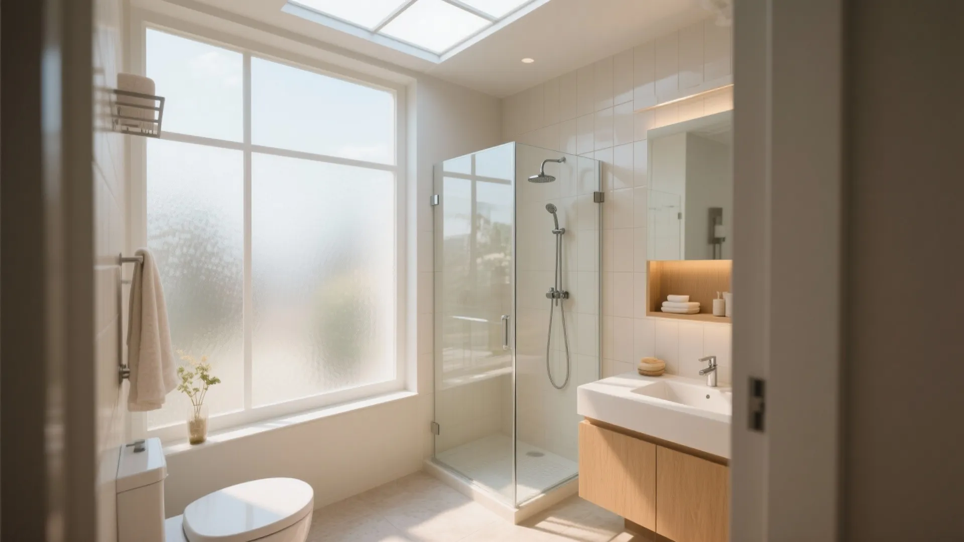 Bright bathroom interior featuring a glass shower door plus a roof window for natural light