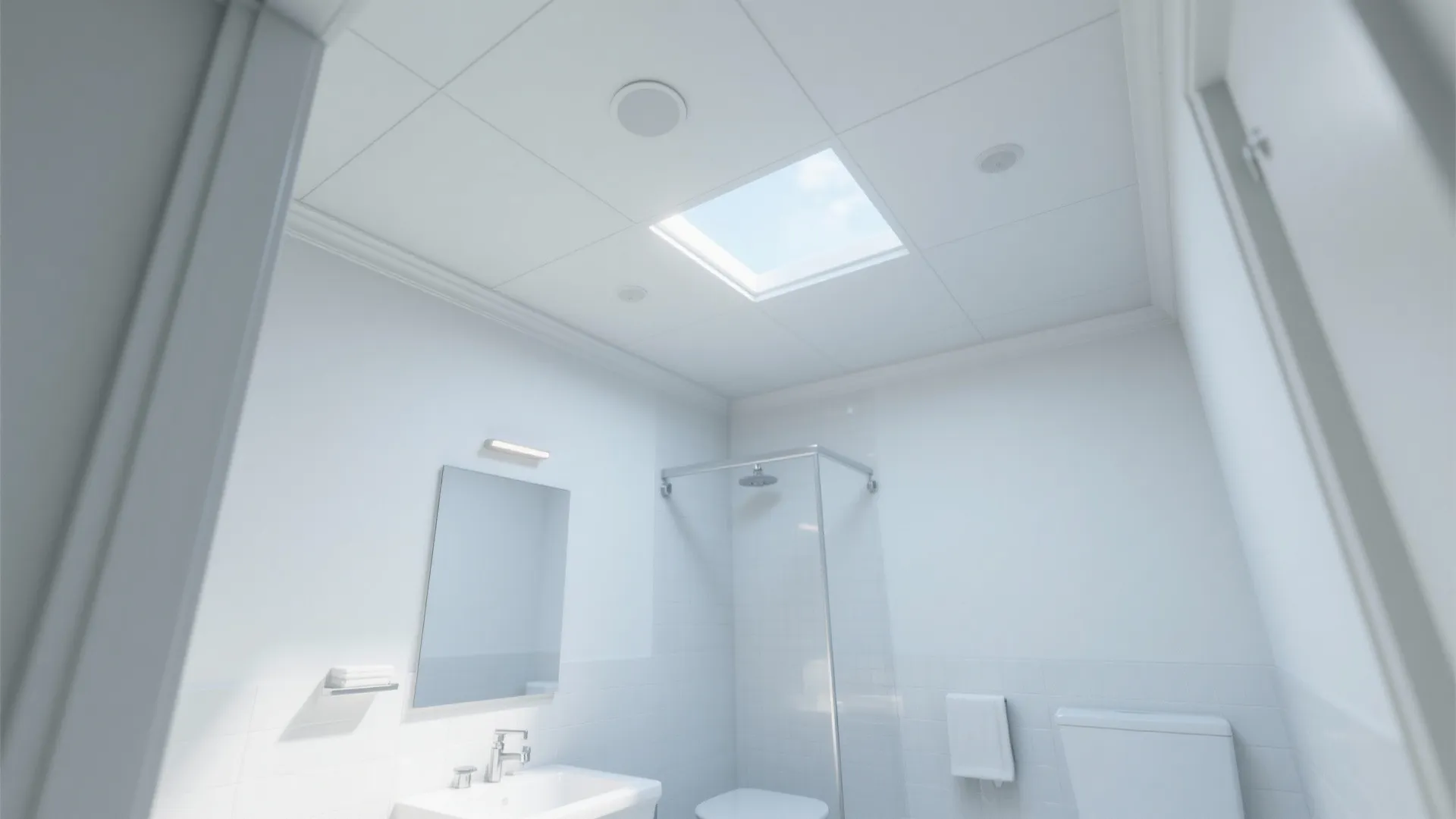 Modern white bathroom design featuring a square roof window providing natural light over the shower