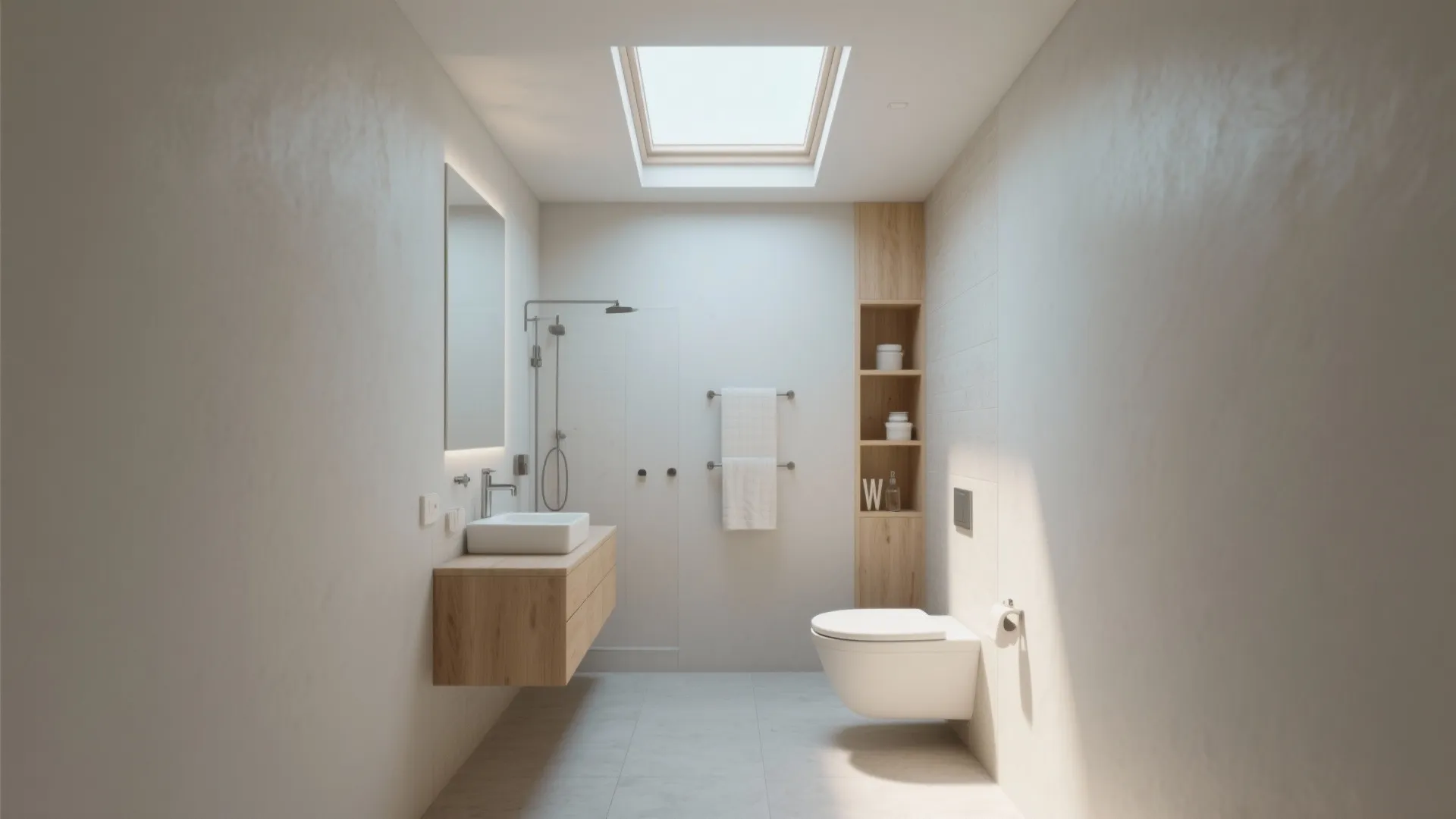 Minimalist white bathroom design with roof window wooden cabinet wall hung toilet and glass shower