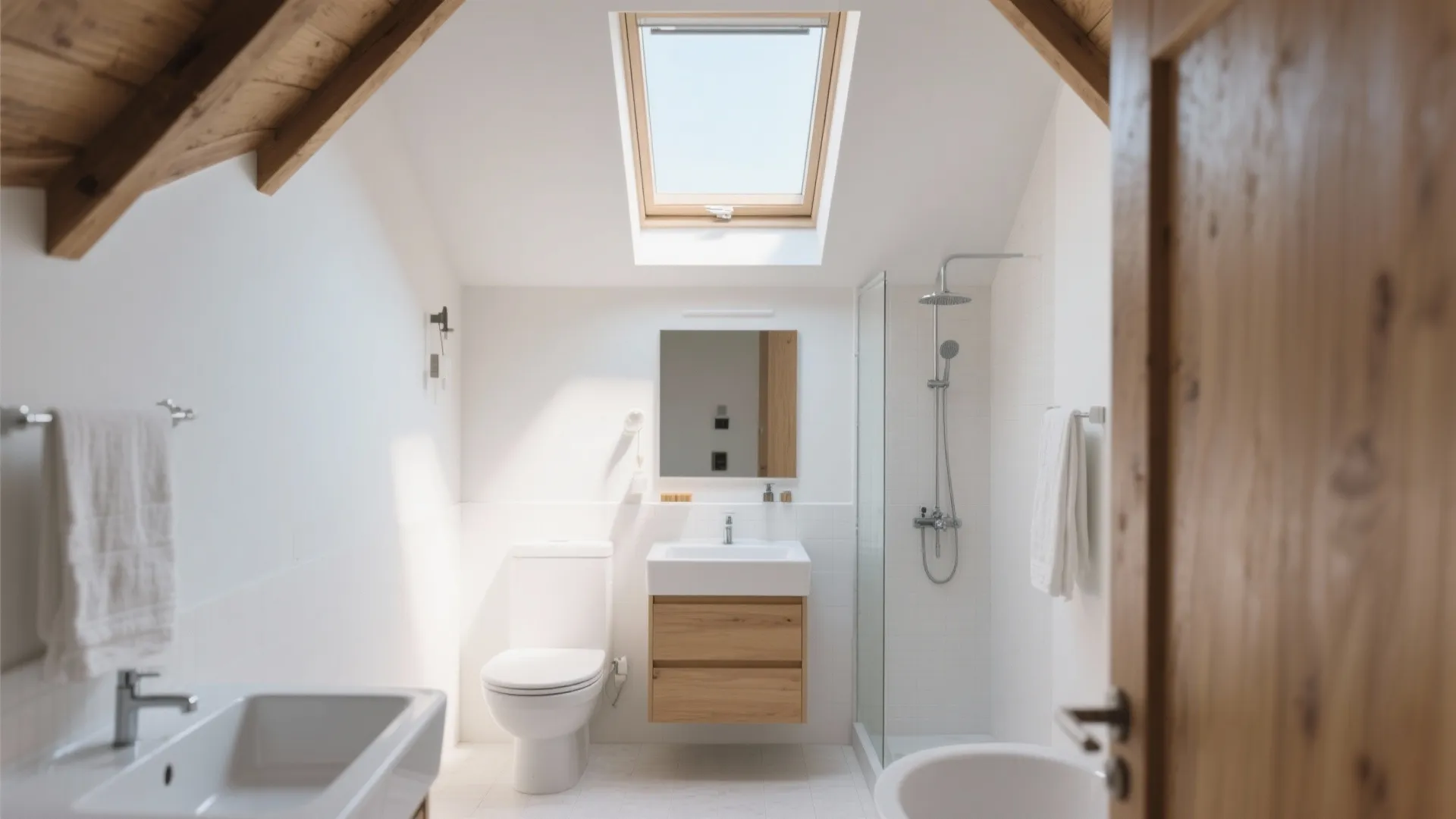 Small attic bathroom with white walls wood ceiling roof window toilet and wooden sink cabinet