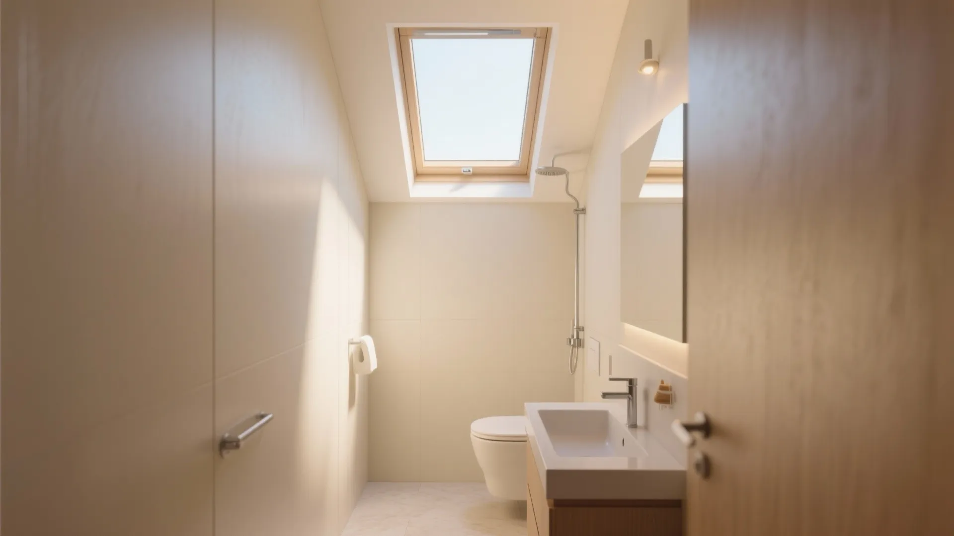 Small attic bathroom with roof window providing natural light over white toilet and wood sink cabinet