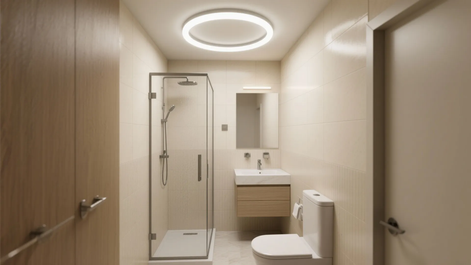 Small bathroom lit by a round ceiling light tube