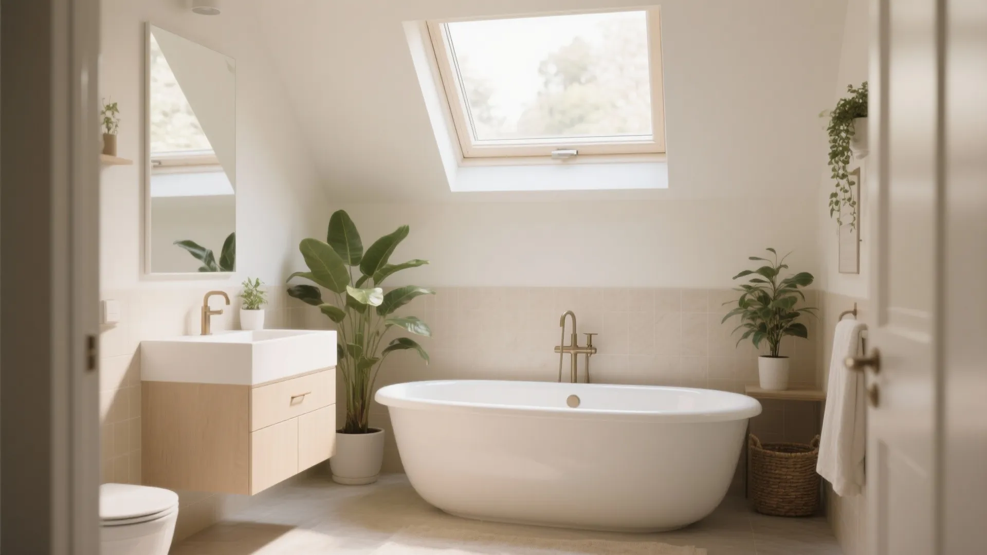 Small bathroom with abundant natural light from skylight