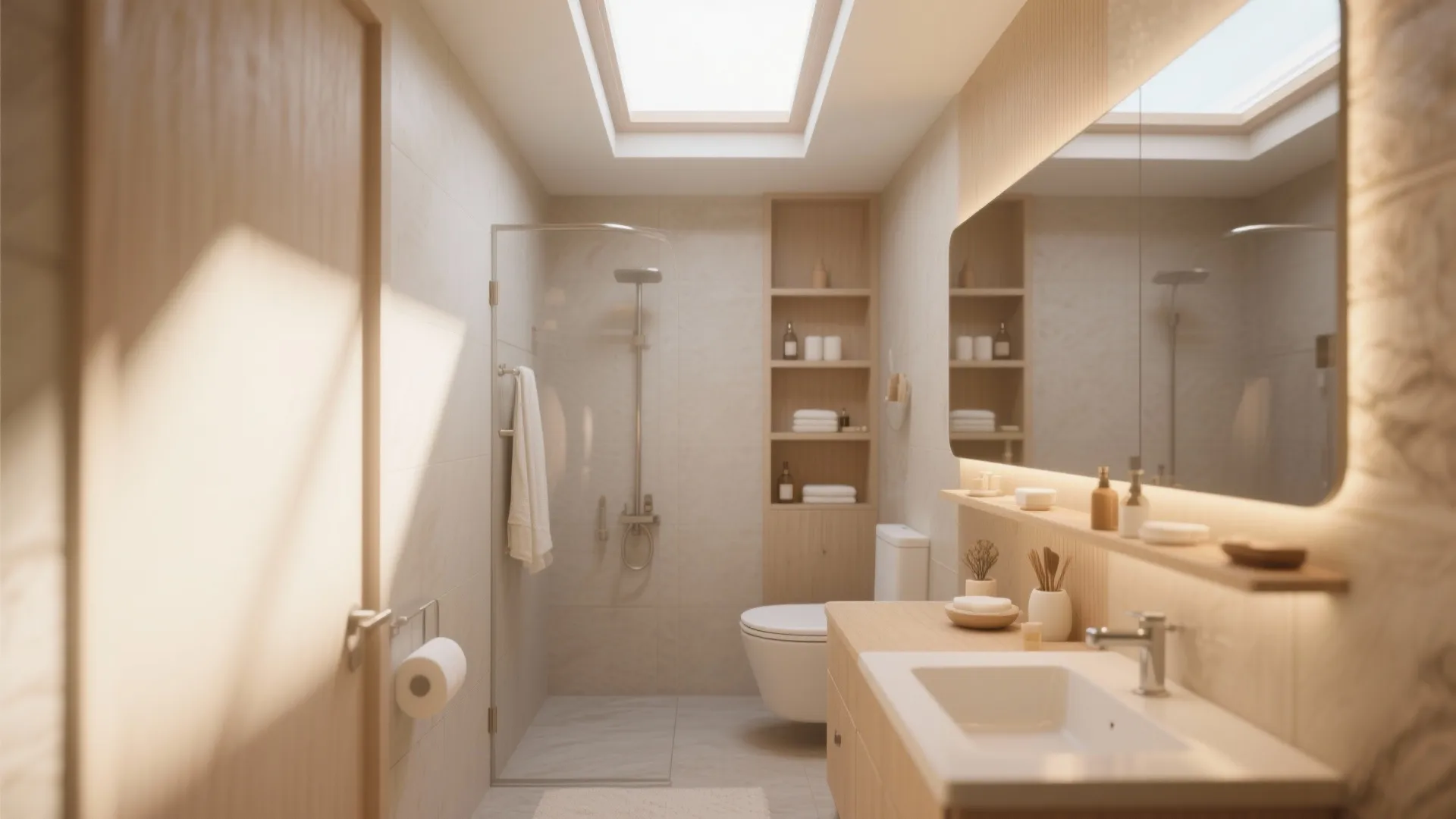 Bright bathroom with roof window and wooden vanity plus glass shower and built in shelving