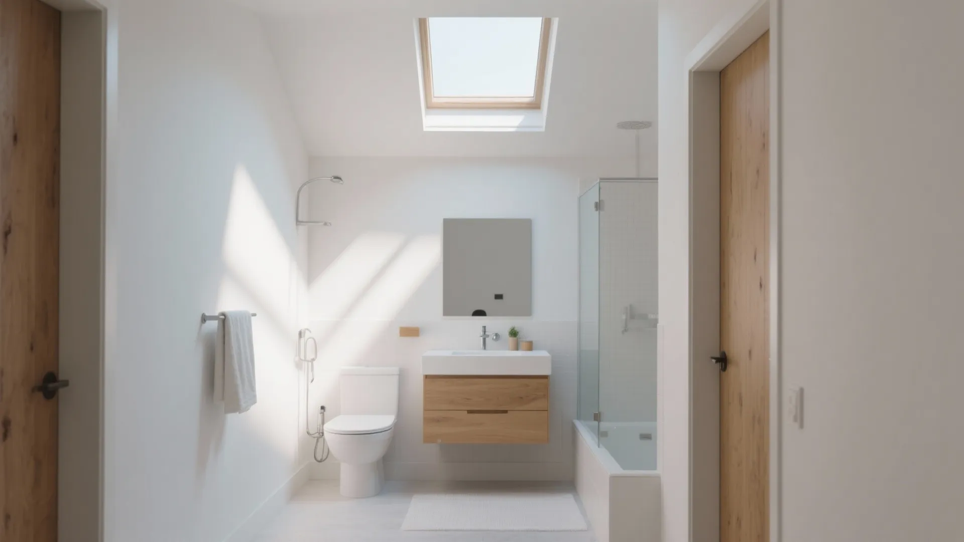 Bright minimalist bathroom with white walls large roof window wooden vanity and glass shower door