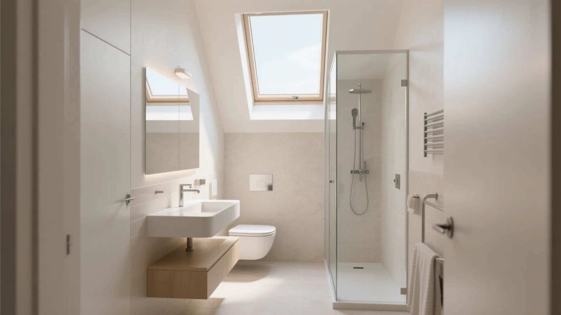 Clean attic bathroom design with a glass shower room and a large sloping roof window