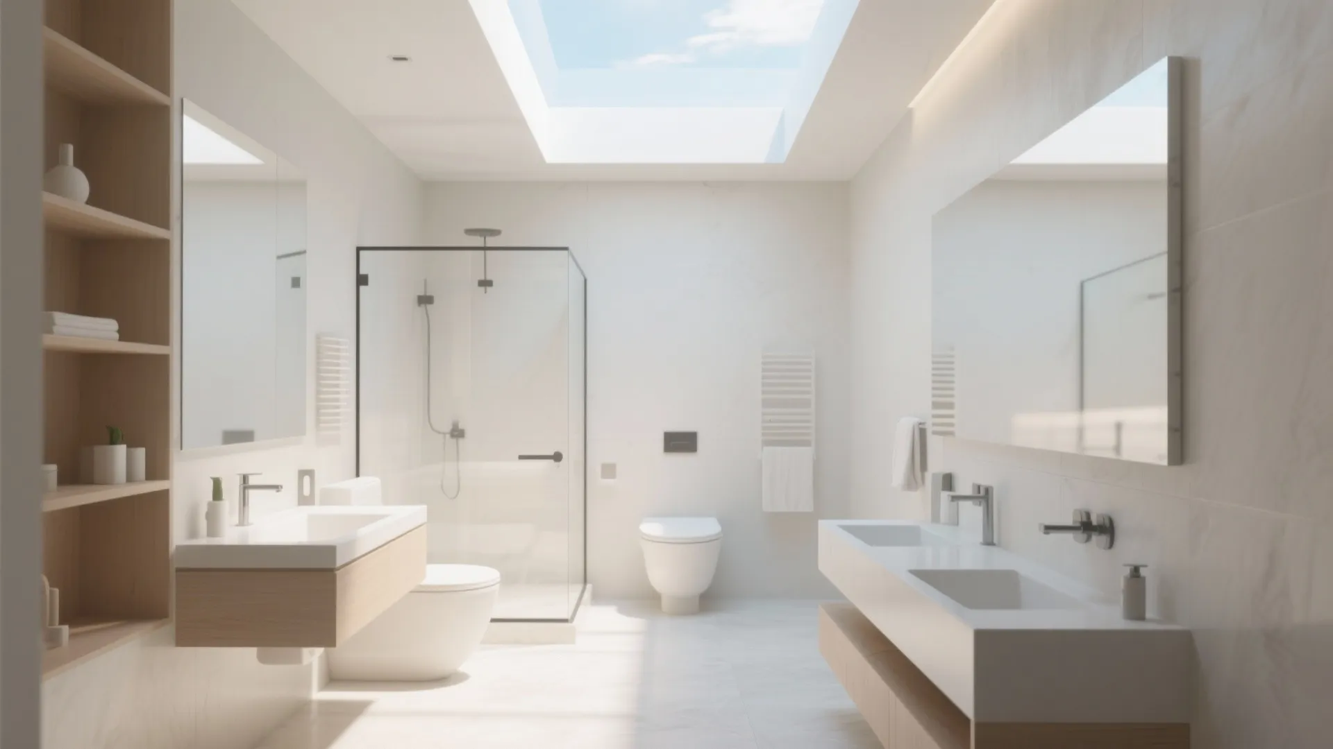 Bright white bathroom design with large roof window glass shower white sinks and wooden storage shelf