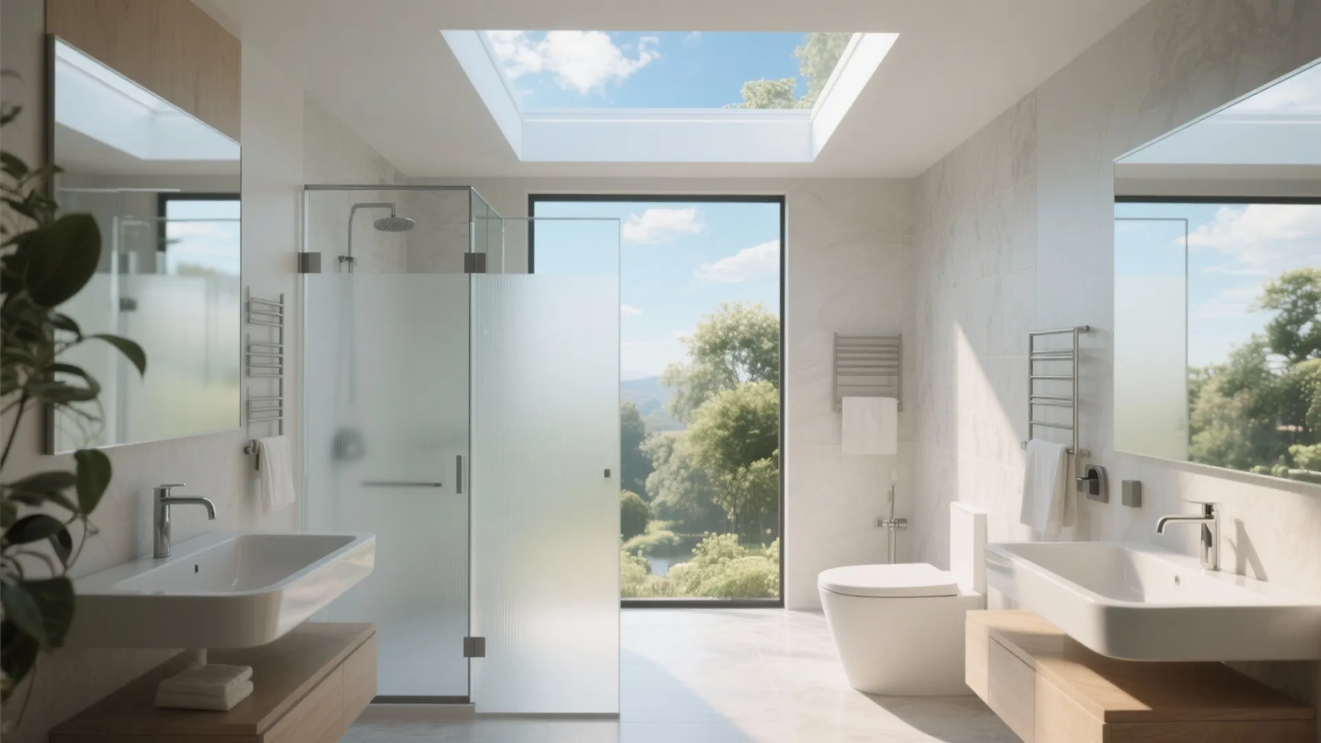 Bright bathroom with roof window showing blue sky double sinks glass shower and large nature window