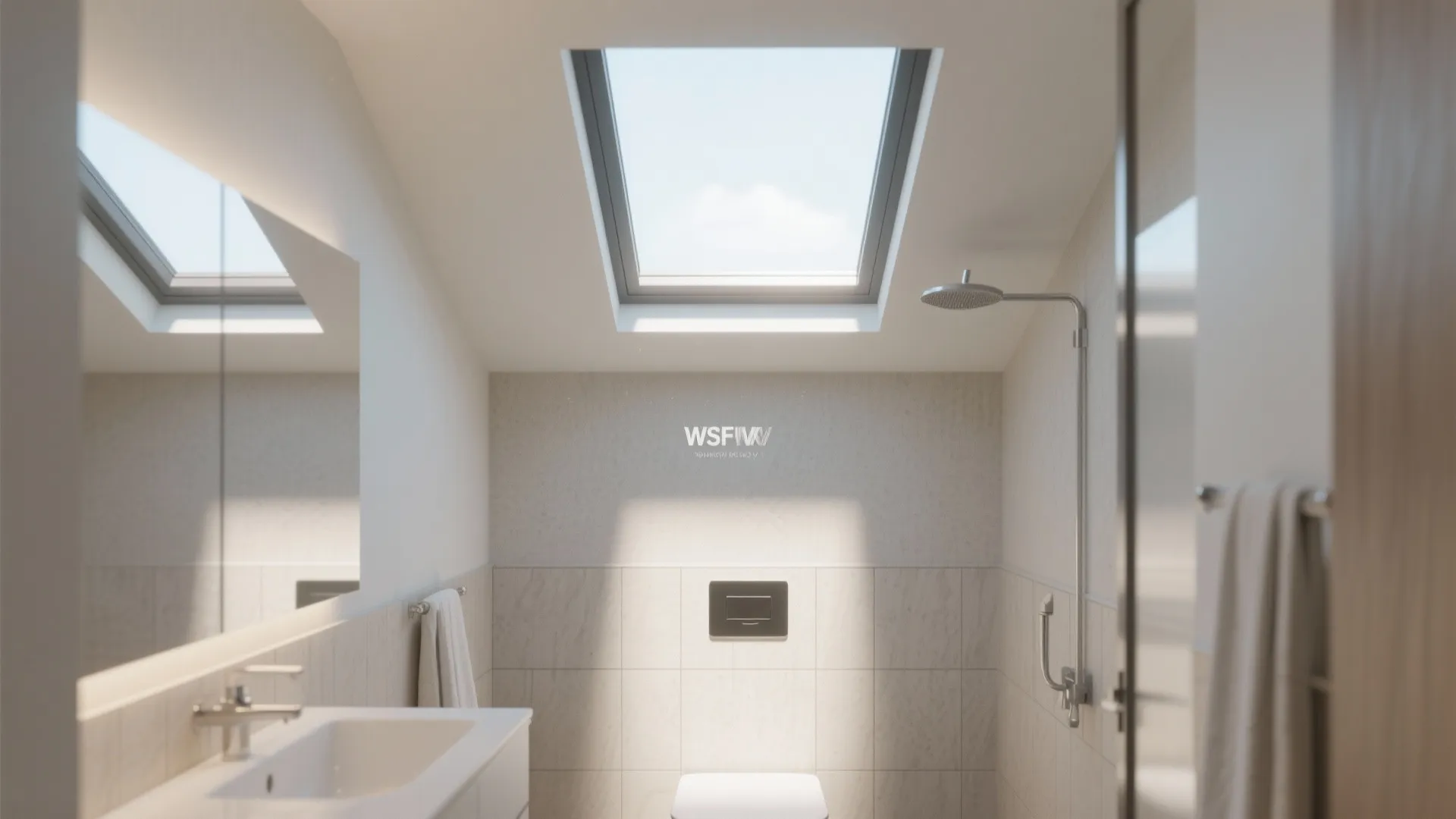 Small modern bathroom with rectangular skylight above shower