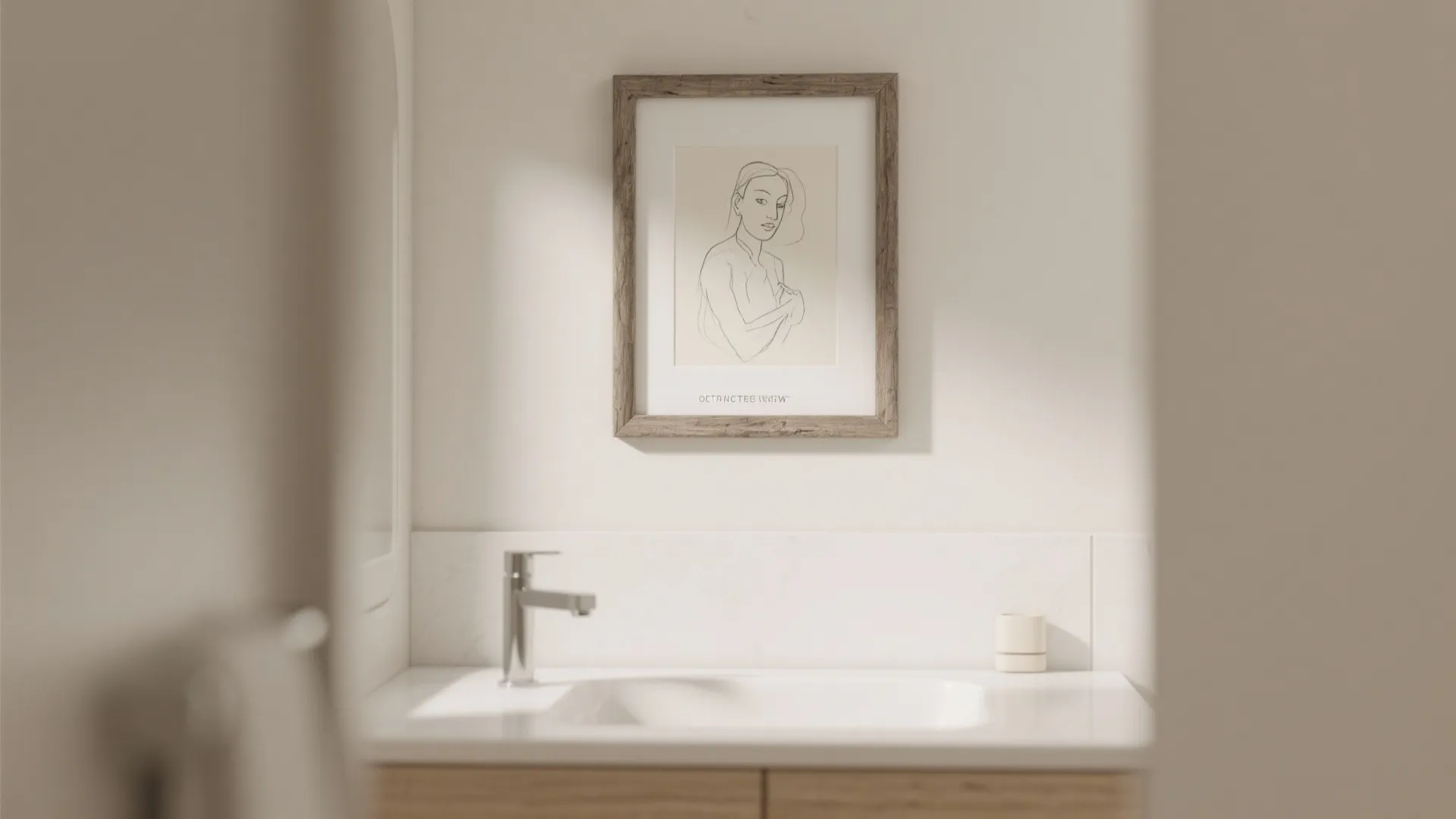 Modern bathroom sink area with a framed line drawing of a woman on the wall