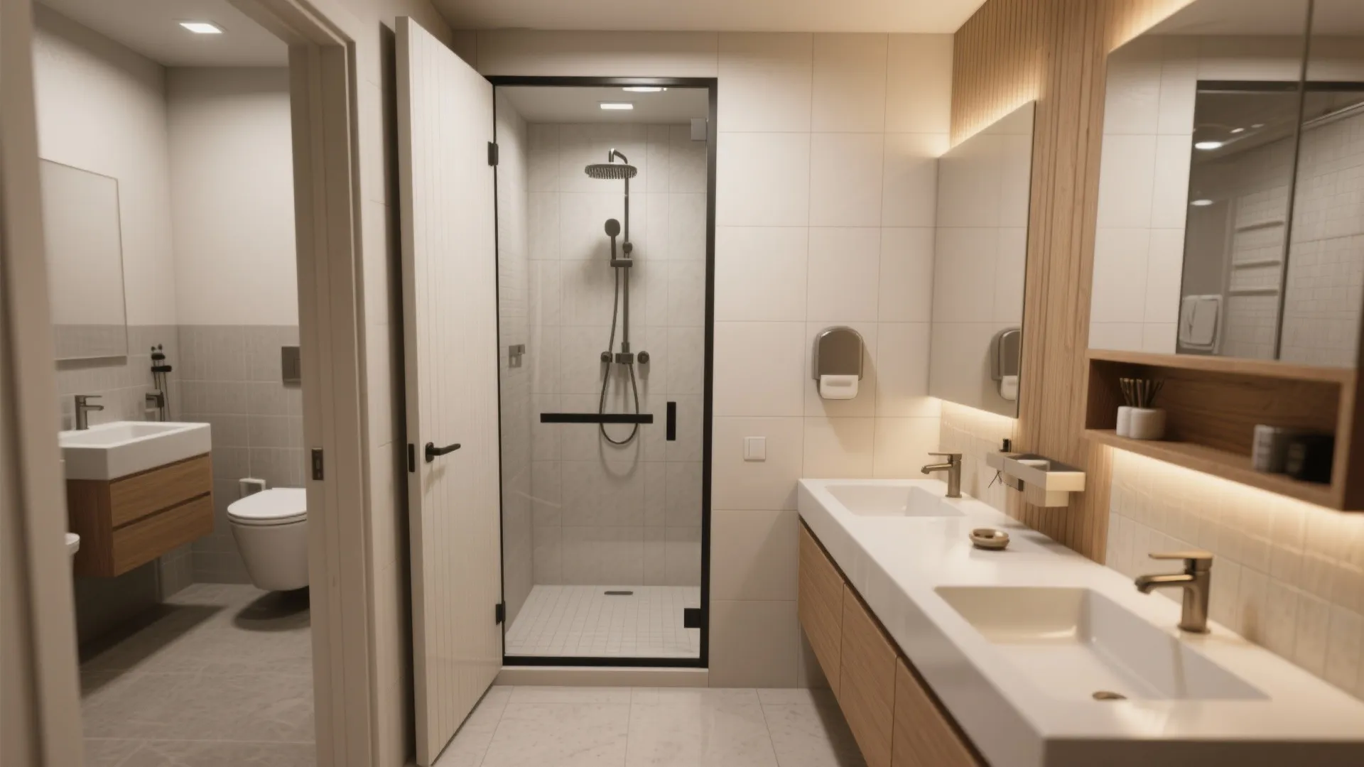 Compact full bathroom and powder room with walk-in shower and space-saving fixtures