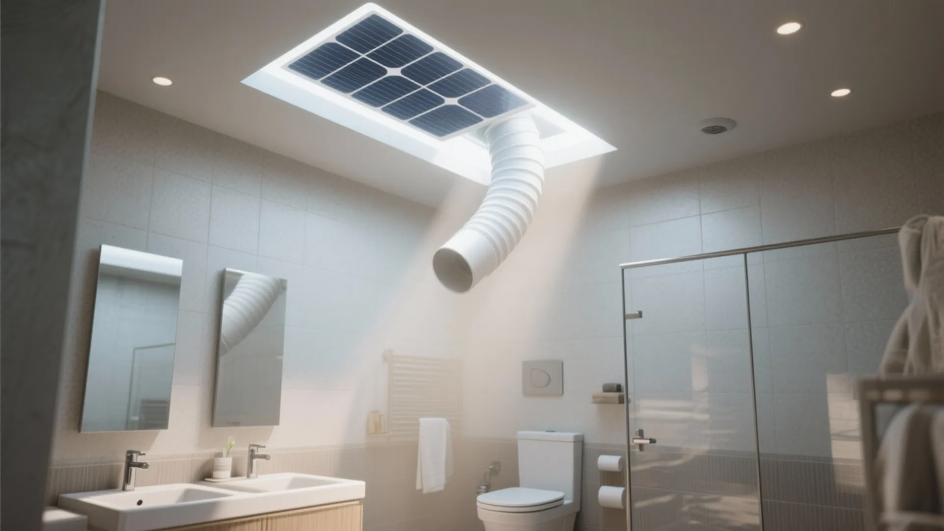 Bathroom with white ceiling light fixture and solar panel system above the toilet and sinks