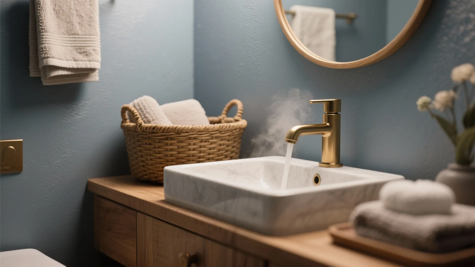 Bathroom sink with gold faucet running hot water white marble basin wooden cabinet and basket