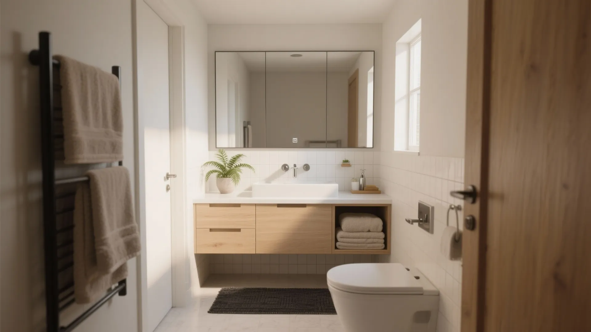 Bright bathroom with wooden cabinet white sink large mirror green plant and clean white tiled walls