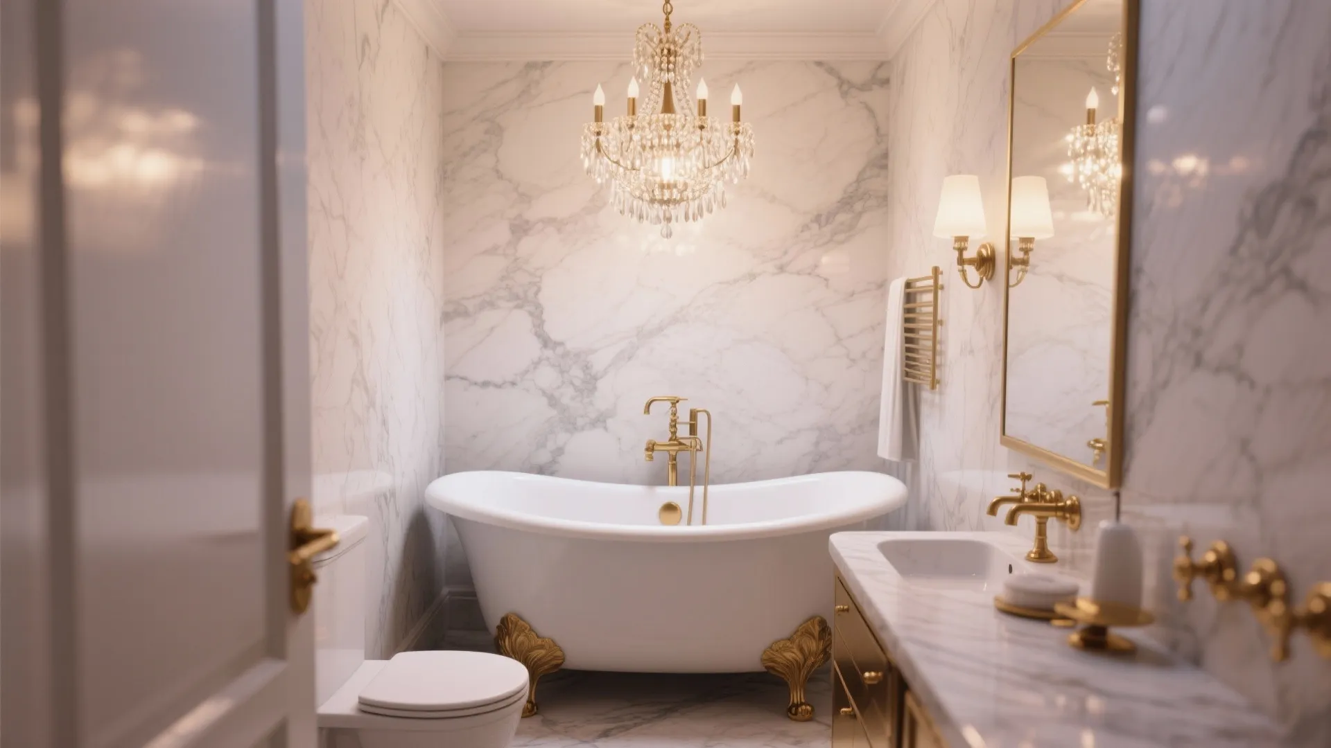 Luxury marble bathroom featuring white bathtub with gold feet under a large crystal ceiling light