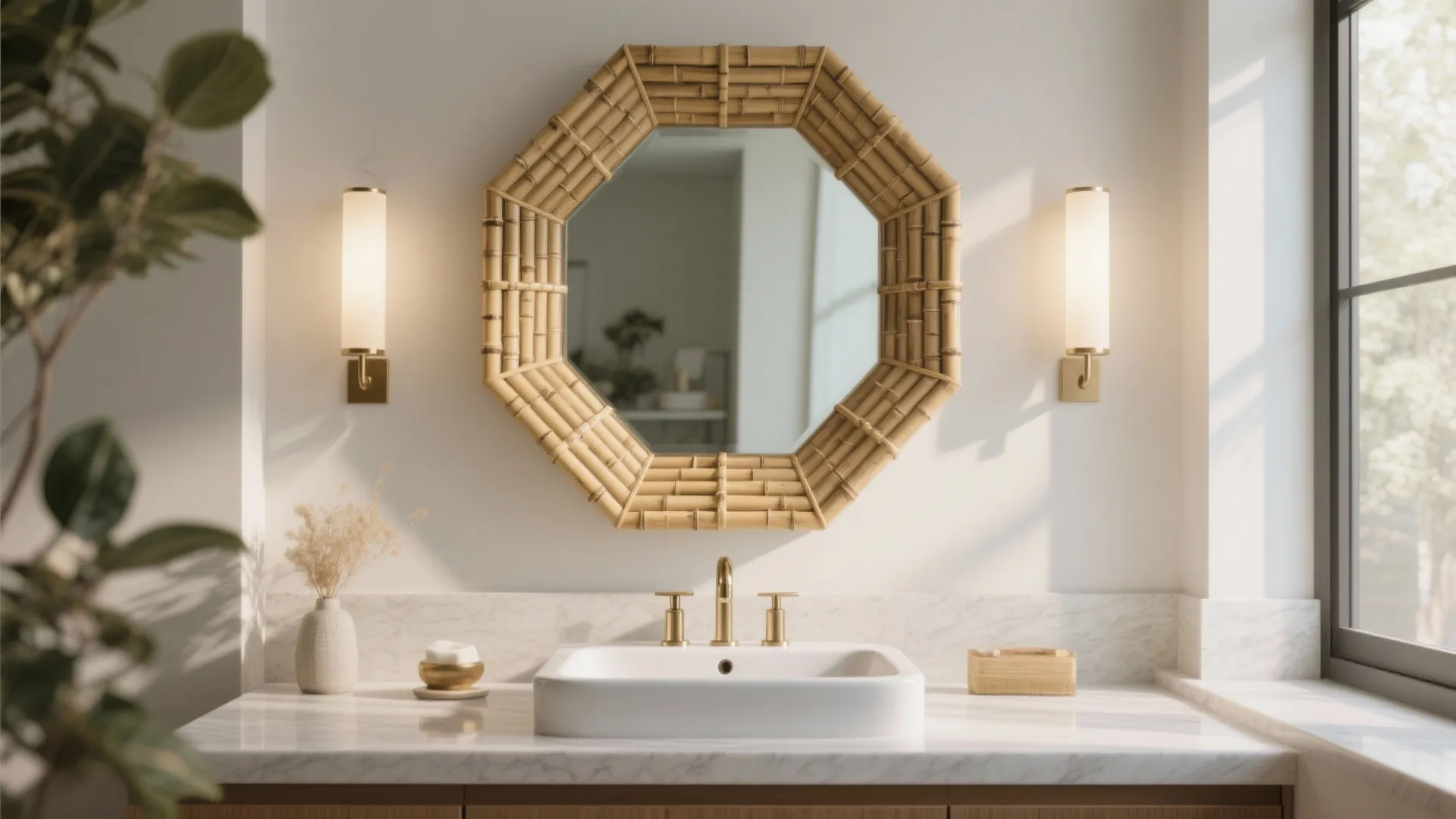Octagonal bamboo mirror above white sink on marble countertop with two wall lights and window