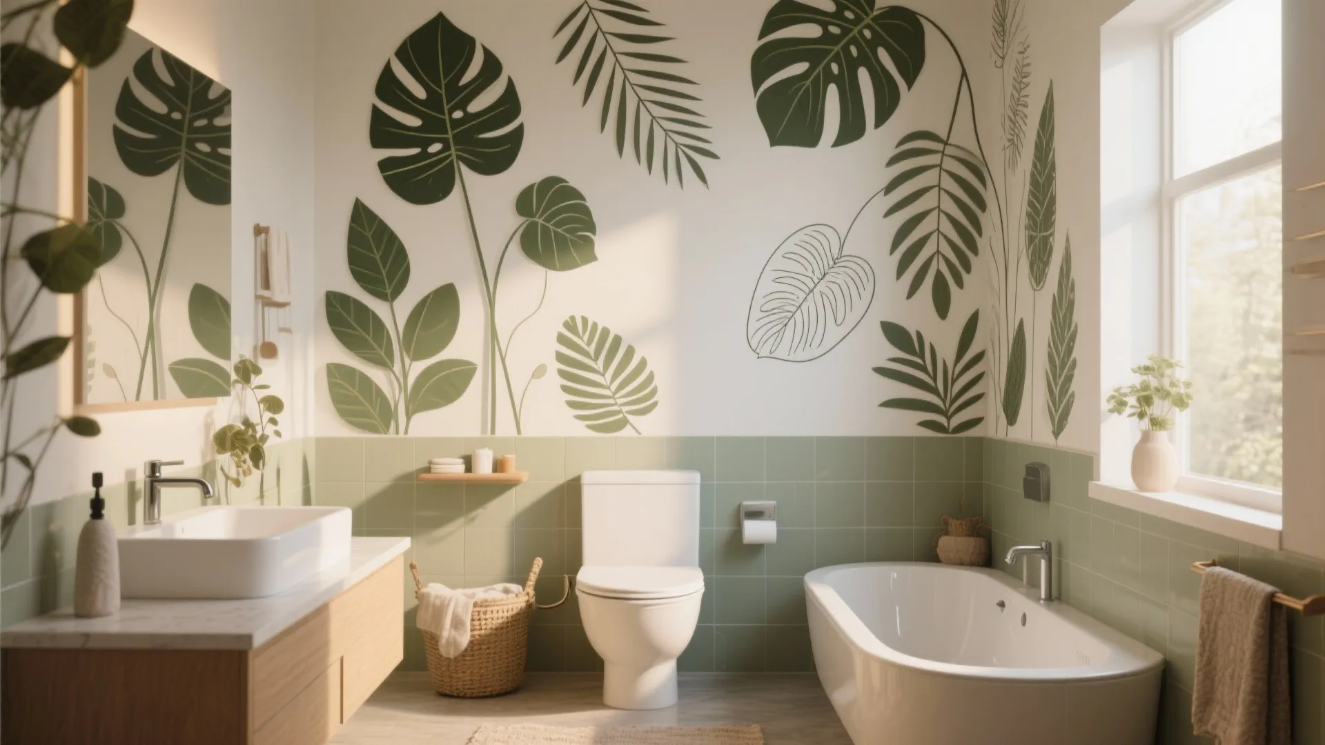 Clean bathroom with green wall tiles and large plant stickers and bathtub and white toilet