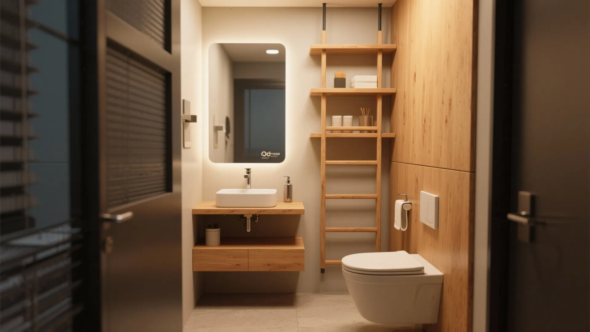 Modern bathroom with wooden wall panels floating sink lighted mirror and tall wooden storage ladder