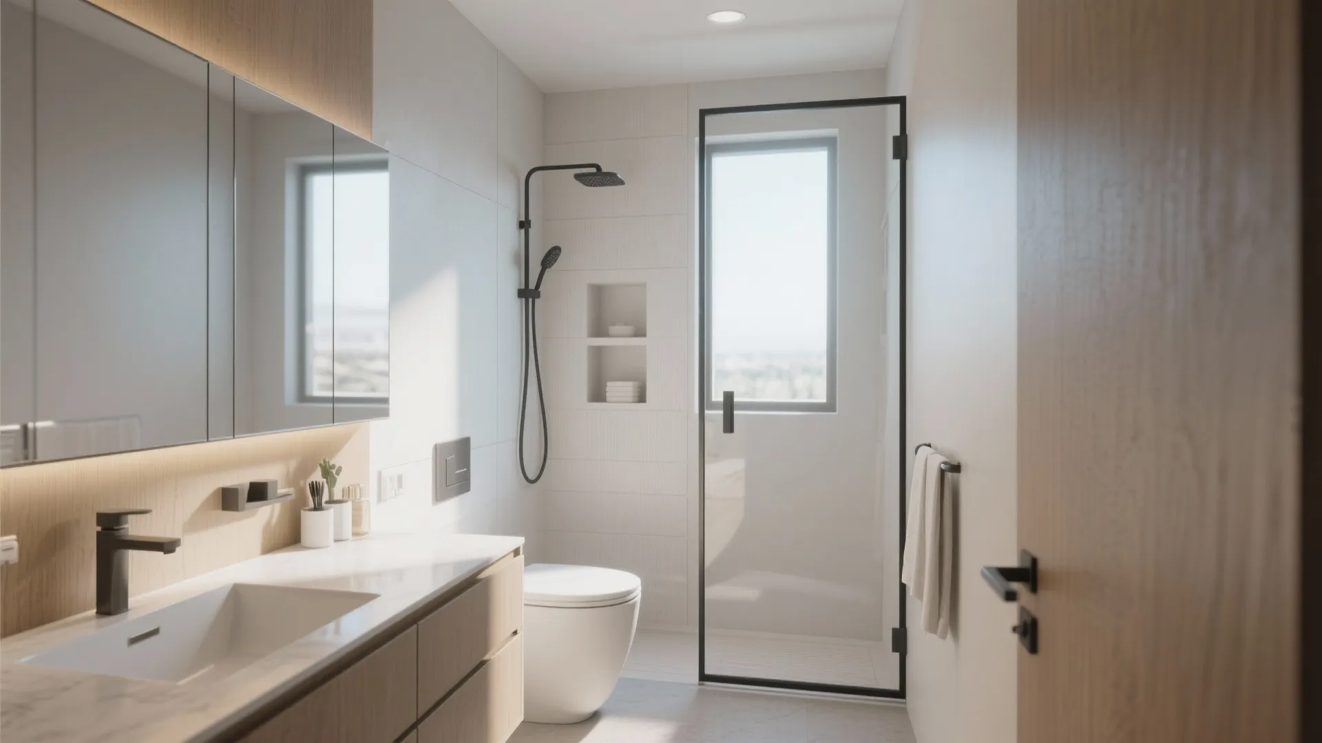 Modern bathroom with a wooden cabinet, white sink, large mirror, white toilet, and black shower