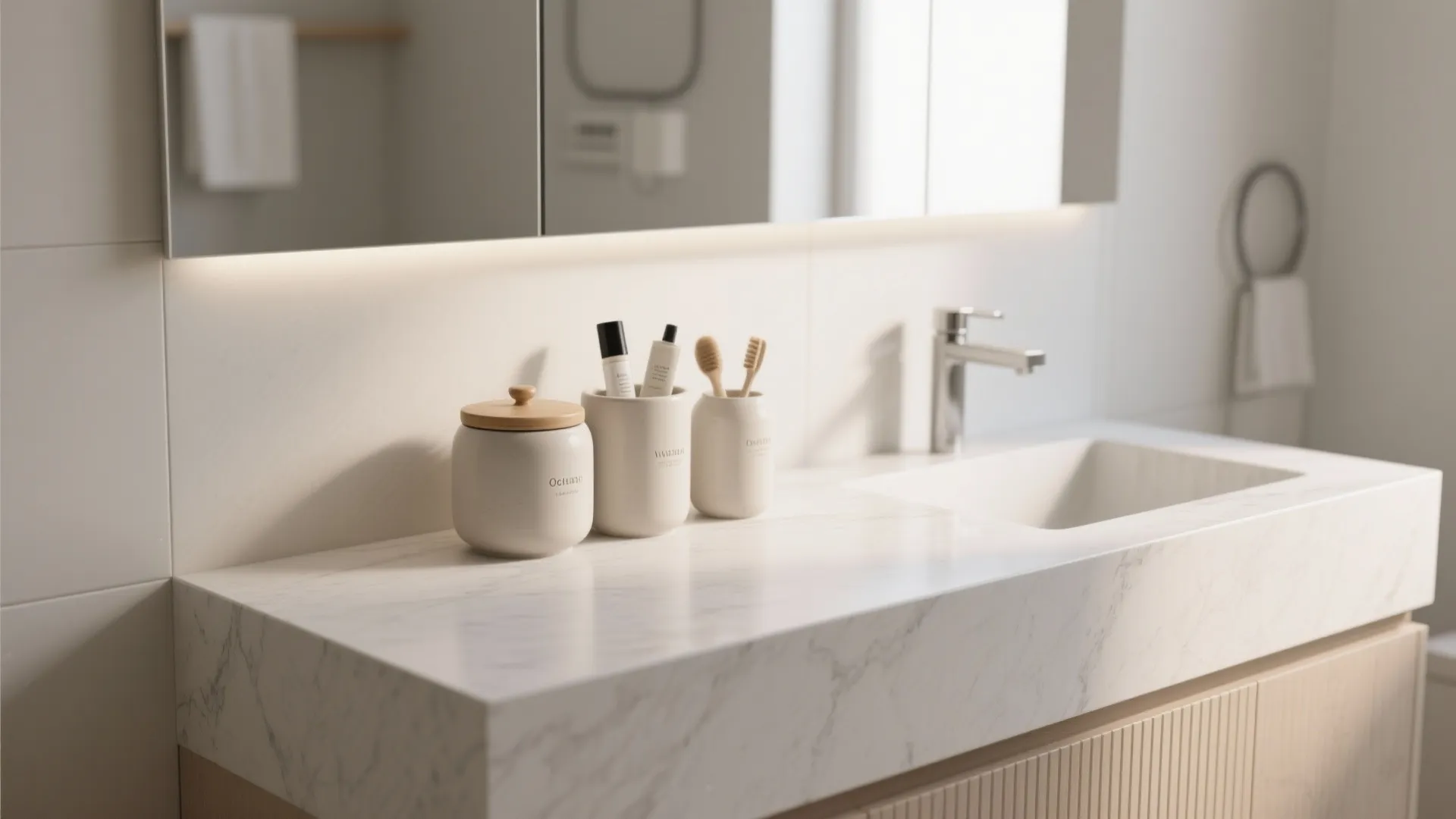 Modern white bathroom counter with ceramic storage jars toothbrushes metal faucet and large mirror above