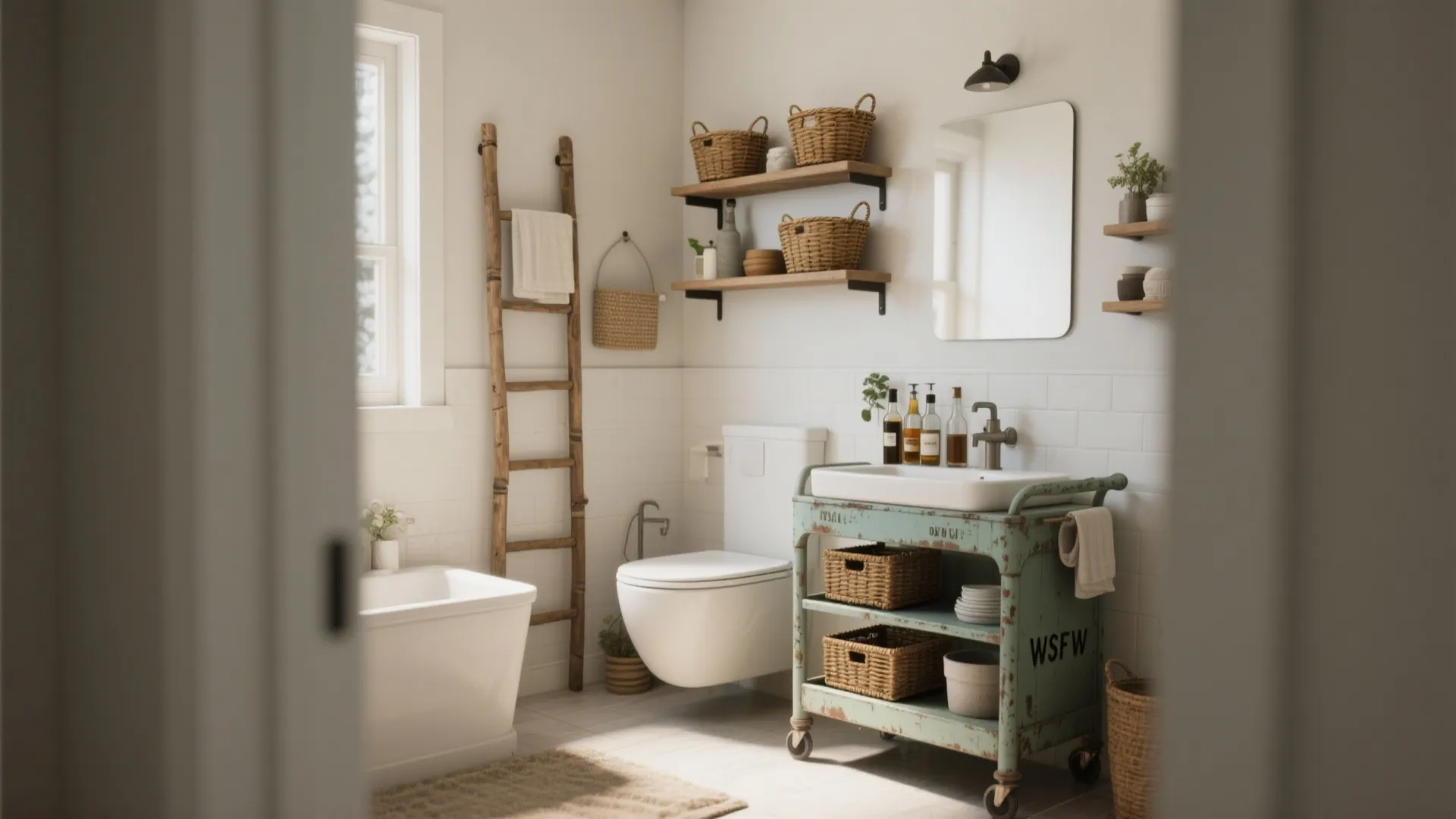 Bohemian bathroom interior with wooden ladder towel rack white toilet wall shelves and wicker baskets