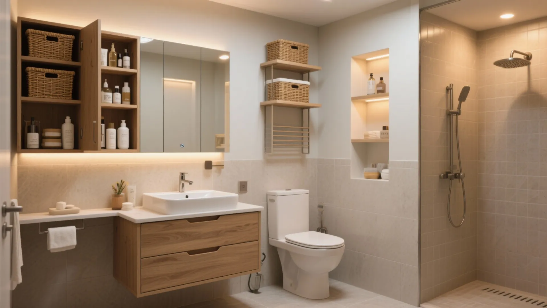 Bathroom with recessed medicine cabinet, vanity drawers and layered warm lighting