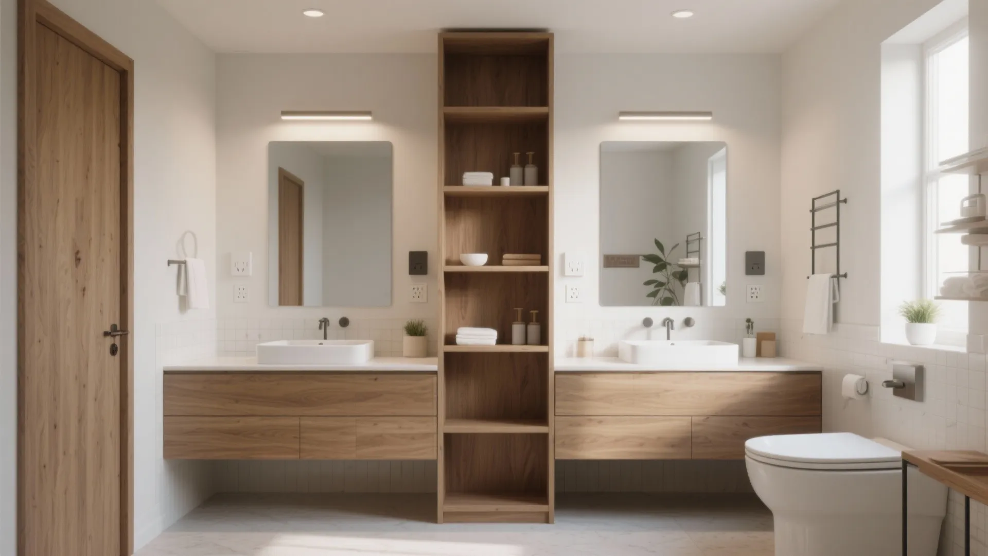 Modern bathroom with double wood vanity mirrors and a tall wooden storage shelf between two sinks