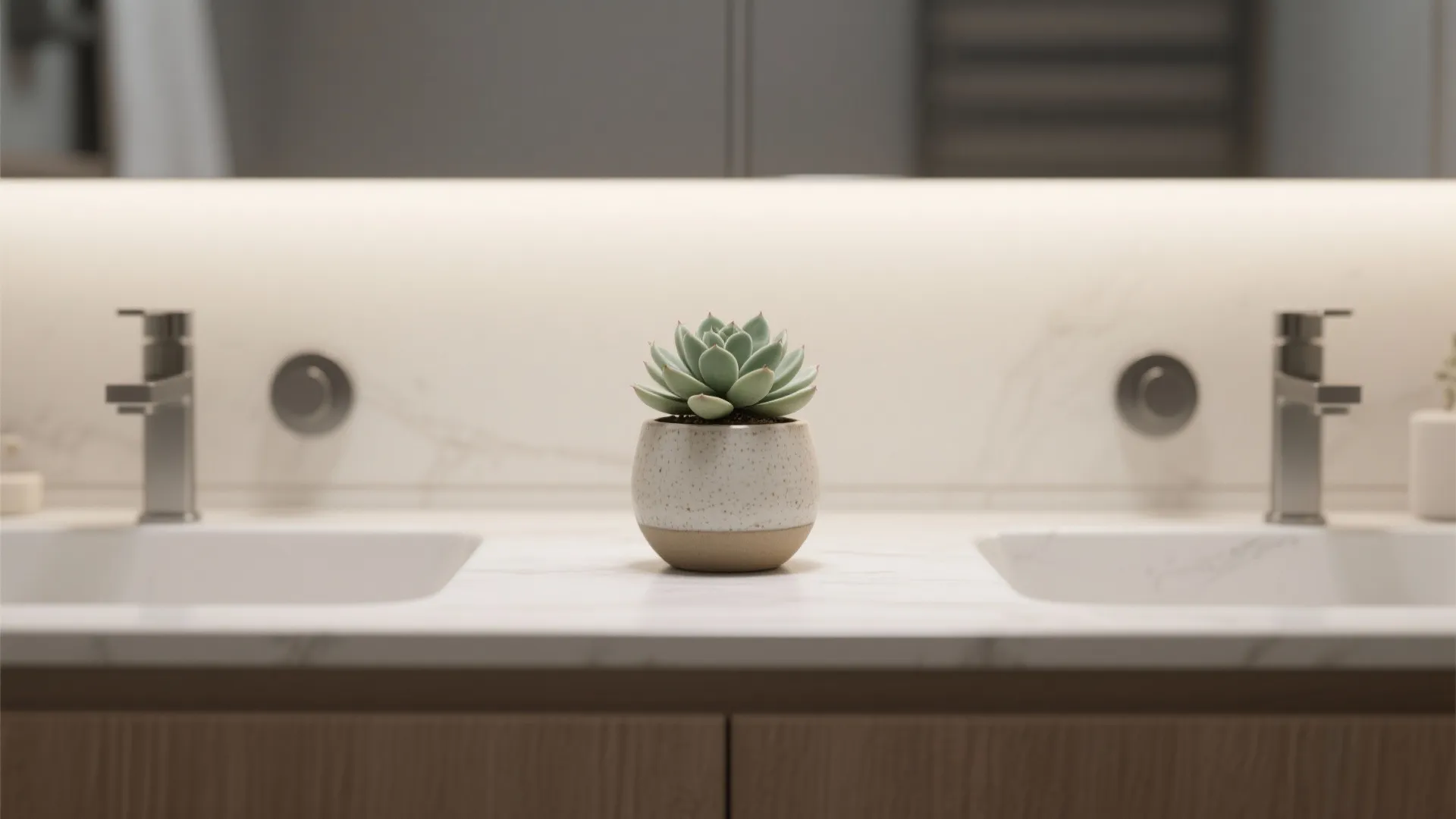 Small green plant in a pot sitting on white marble bathroom counter between two sinks