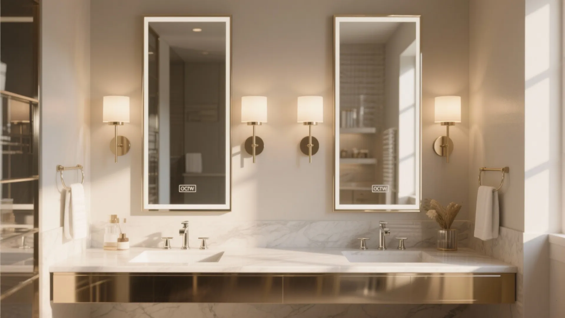 Luxury bathroom interior featuring double sinks two tall lit mirrors and four gold wall lights