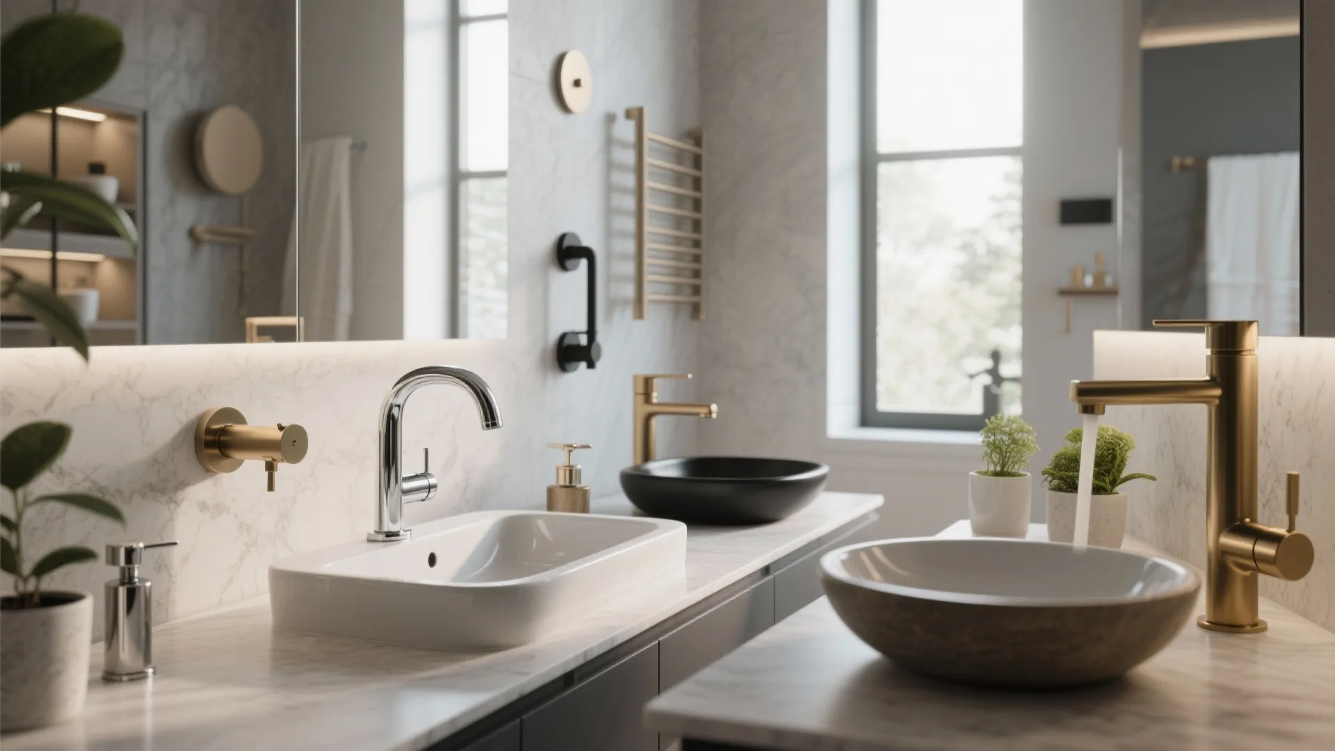 Modern bathroom showing several different sinks with gold and silver water taps and marble walls