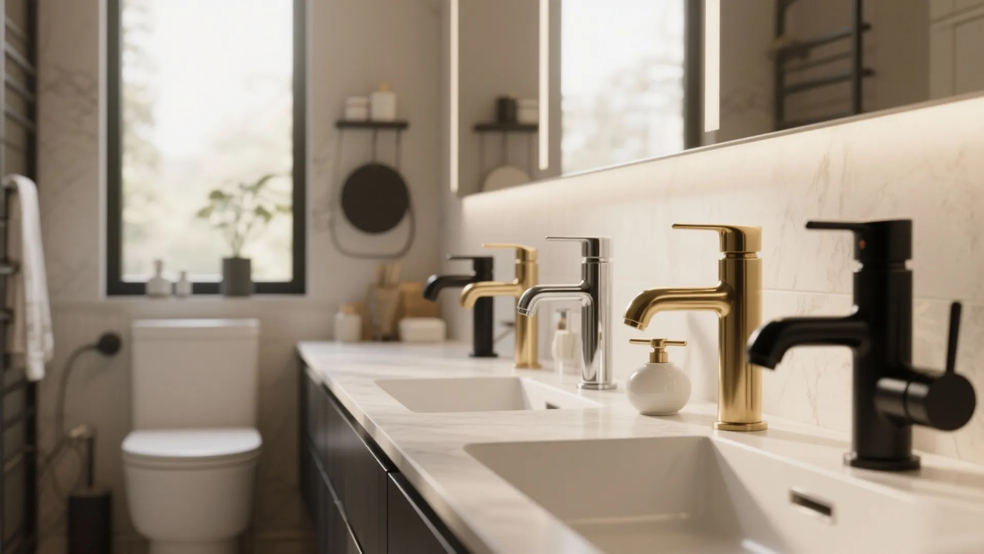 Row of gold and black bathroom sink taps on a white marble counter with mirror