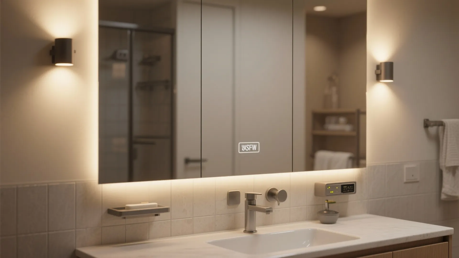 Bathroom vanity lit by low-voltage wall lights flanking a mirror with warm, shadow-free illumination.