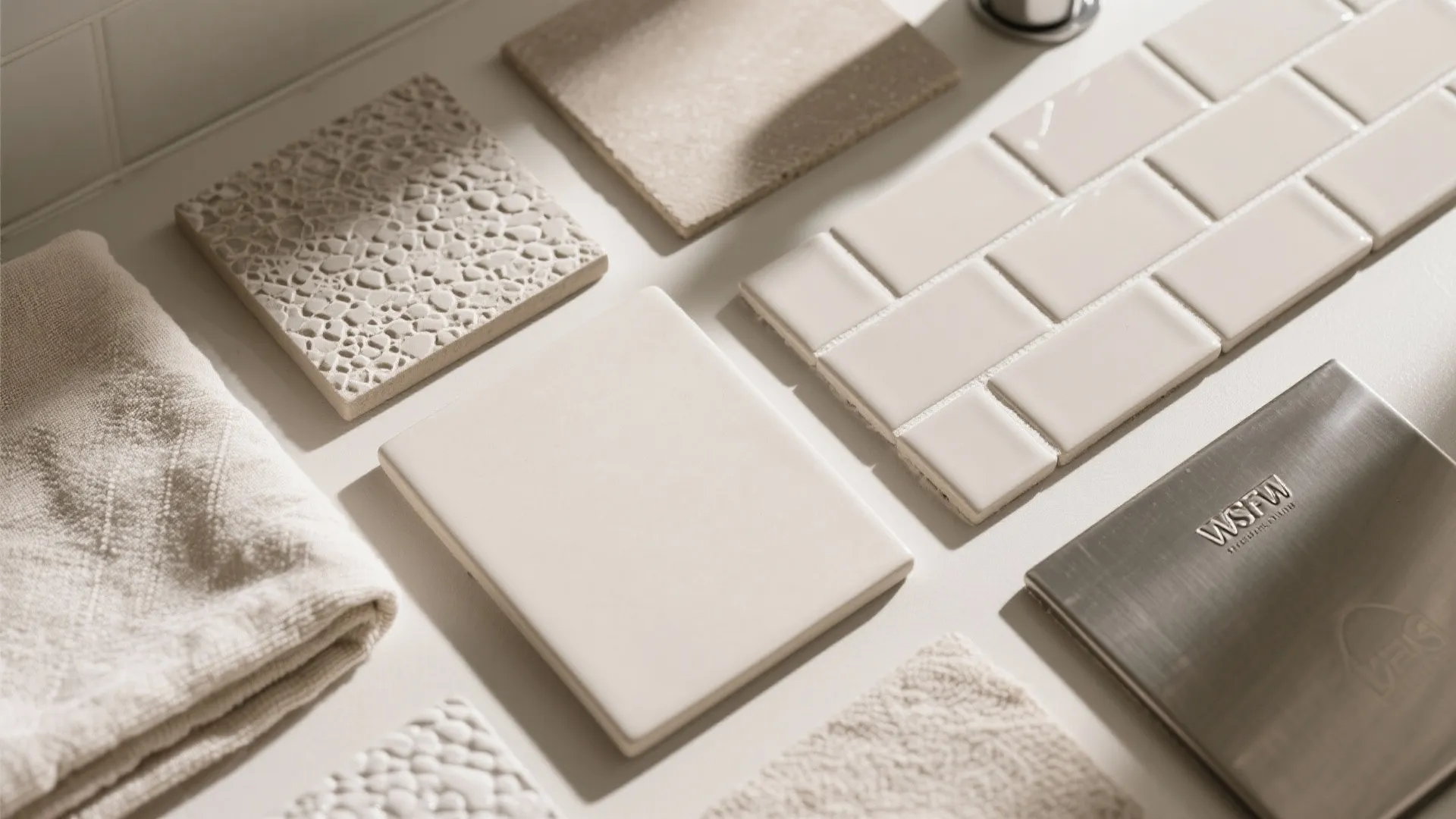 A collection of neutral bathroom tiles and material samples placed on a white flat surface