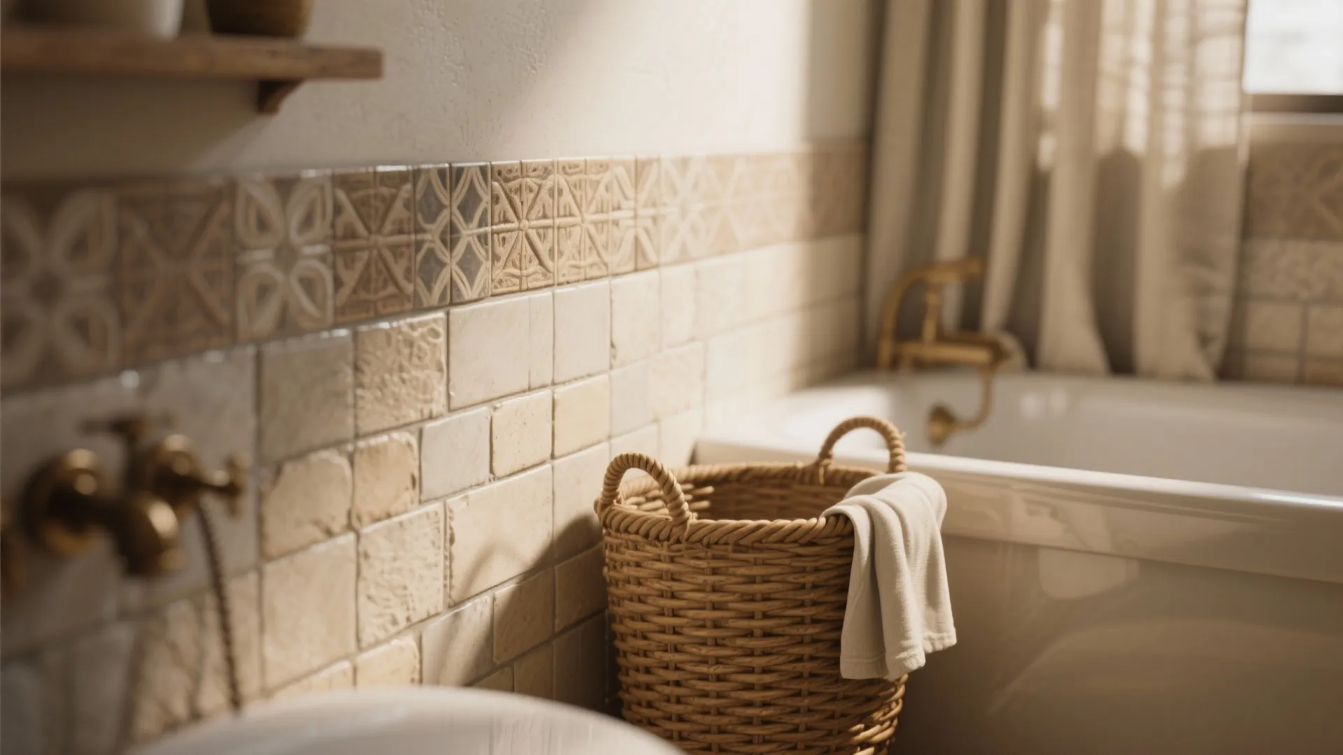 Woven laundry basket next to a white bathtub with beige patterned wall tiles and curtain