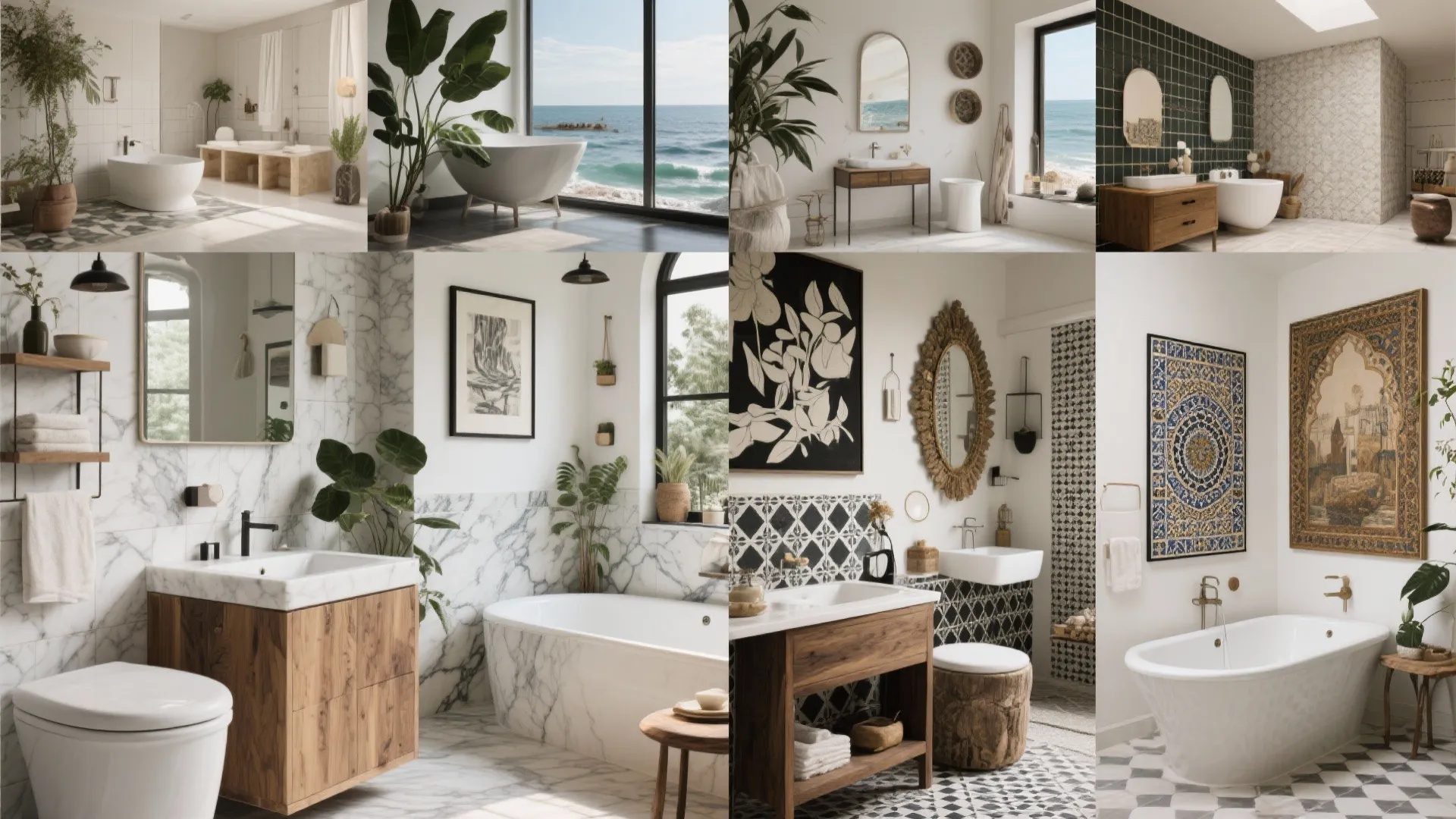 Collage of different bathroom interior design ideas showing various bathtubs sinks mirrors and decorative wall tiles