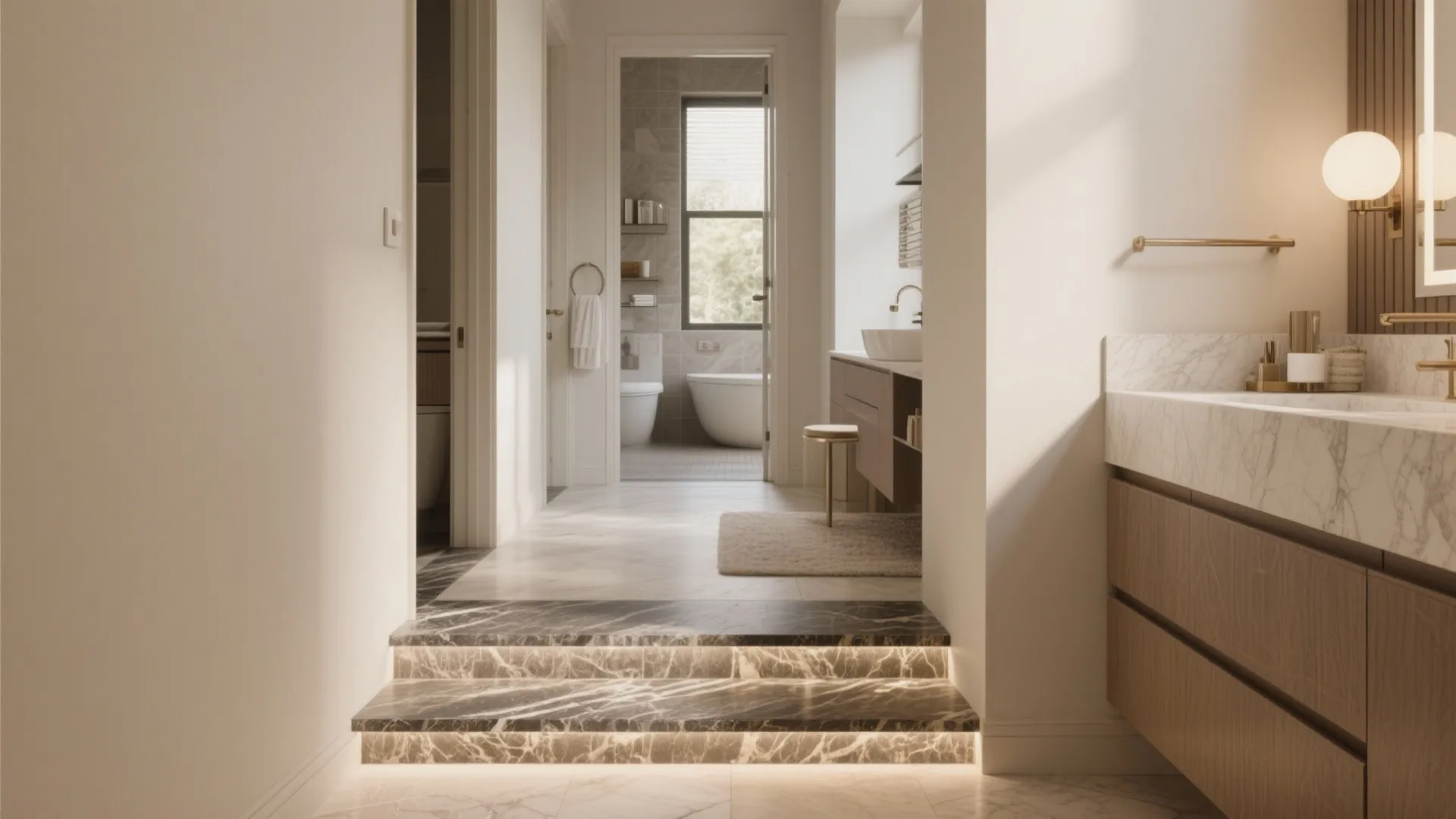 Two dark marble steps with light strips leading into a modern bathroom with white tub