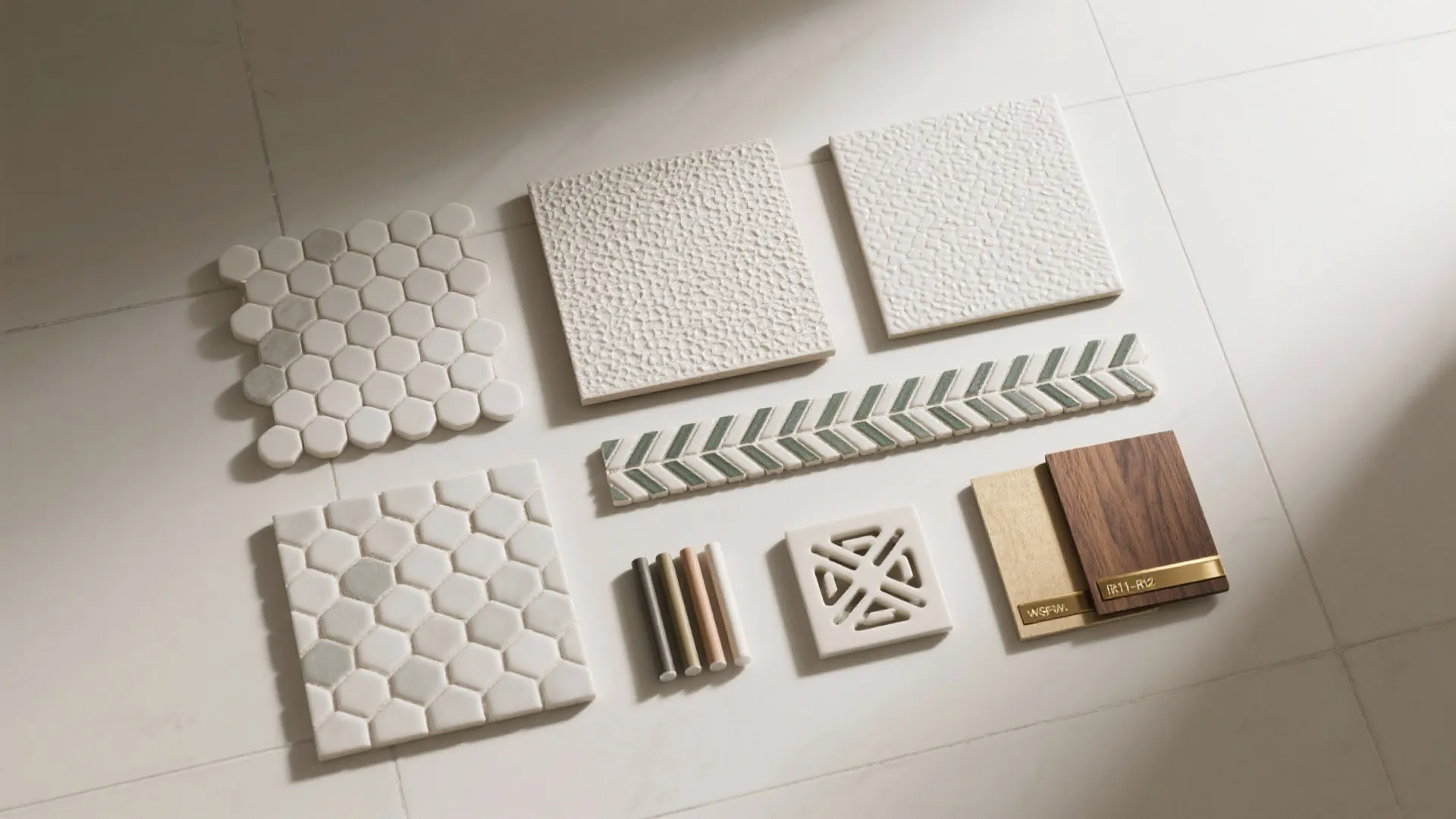 Flatlay of textured porcelain and mosaic tile samples with grout color sticks, drain cover, and oak, brass accents in soft daylight.