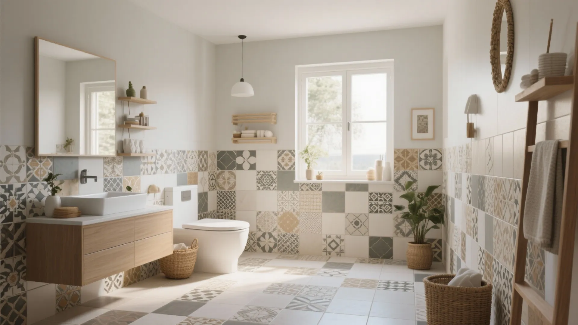 Bright bathroom with patterned wall tiles wood vanity white toilet large window and natural light