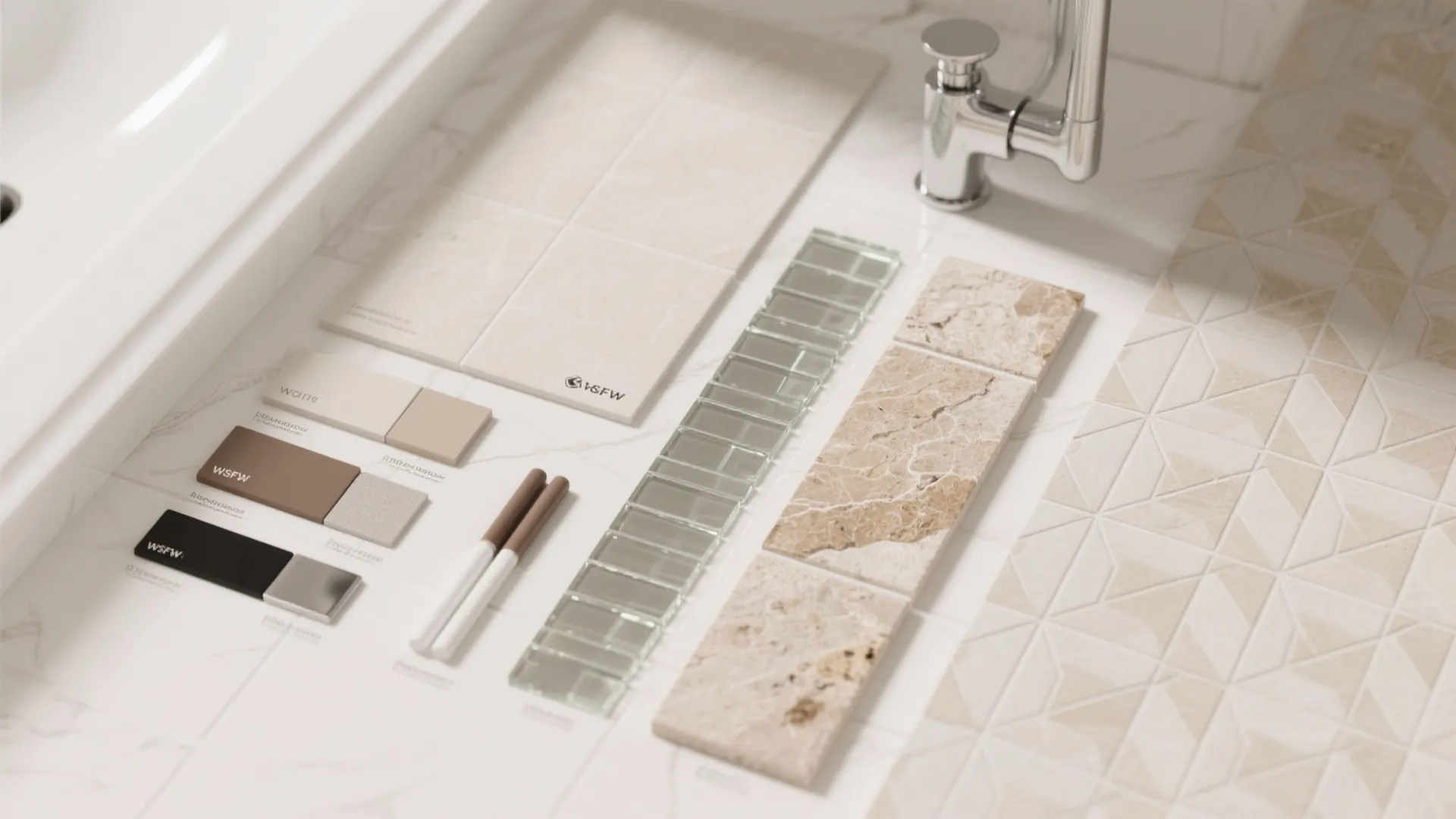 Top-down flat lay of light porcelain, vertical stack matte tiles, glossy strip swatch, warm stone-look tile, and patterned accent samples.