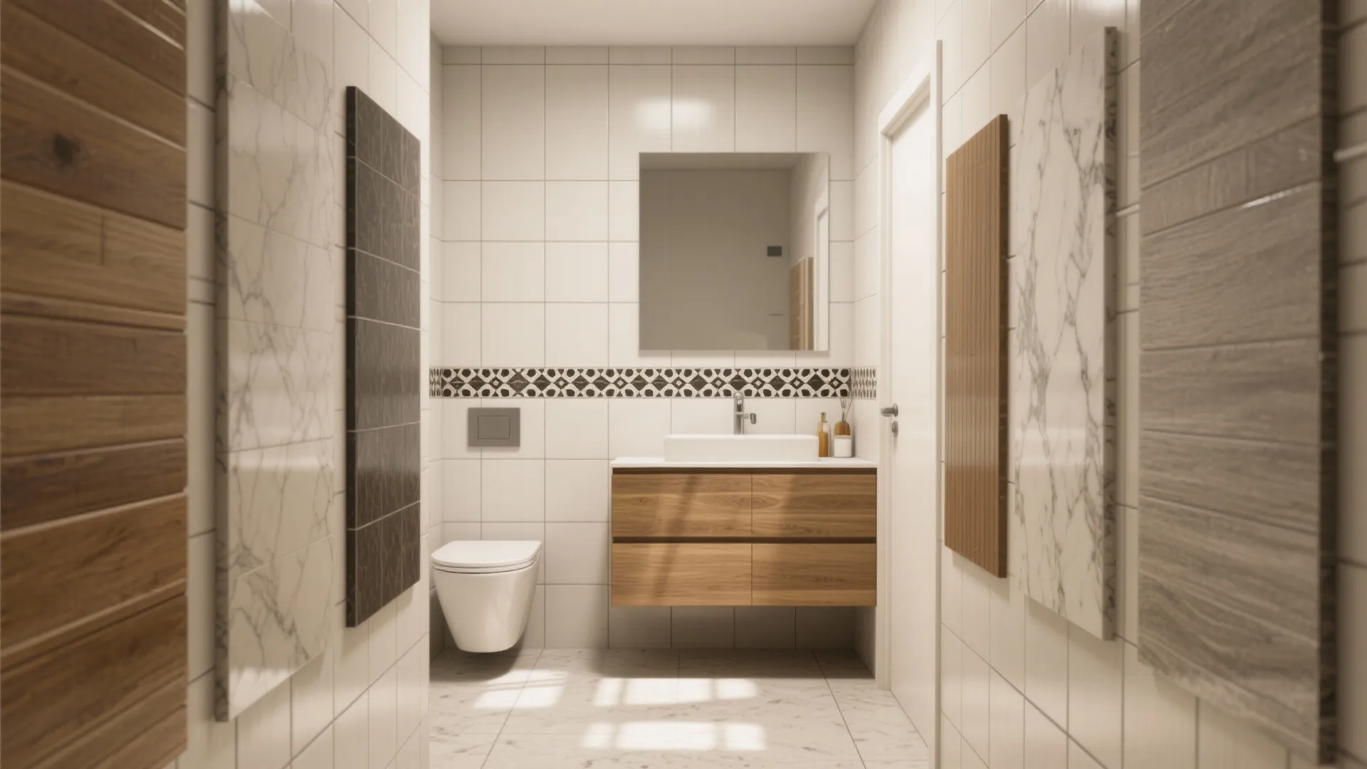 Small bathroom layout with wood vanity white wall tiles square mirror and marble pattern floor