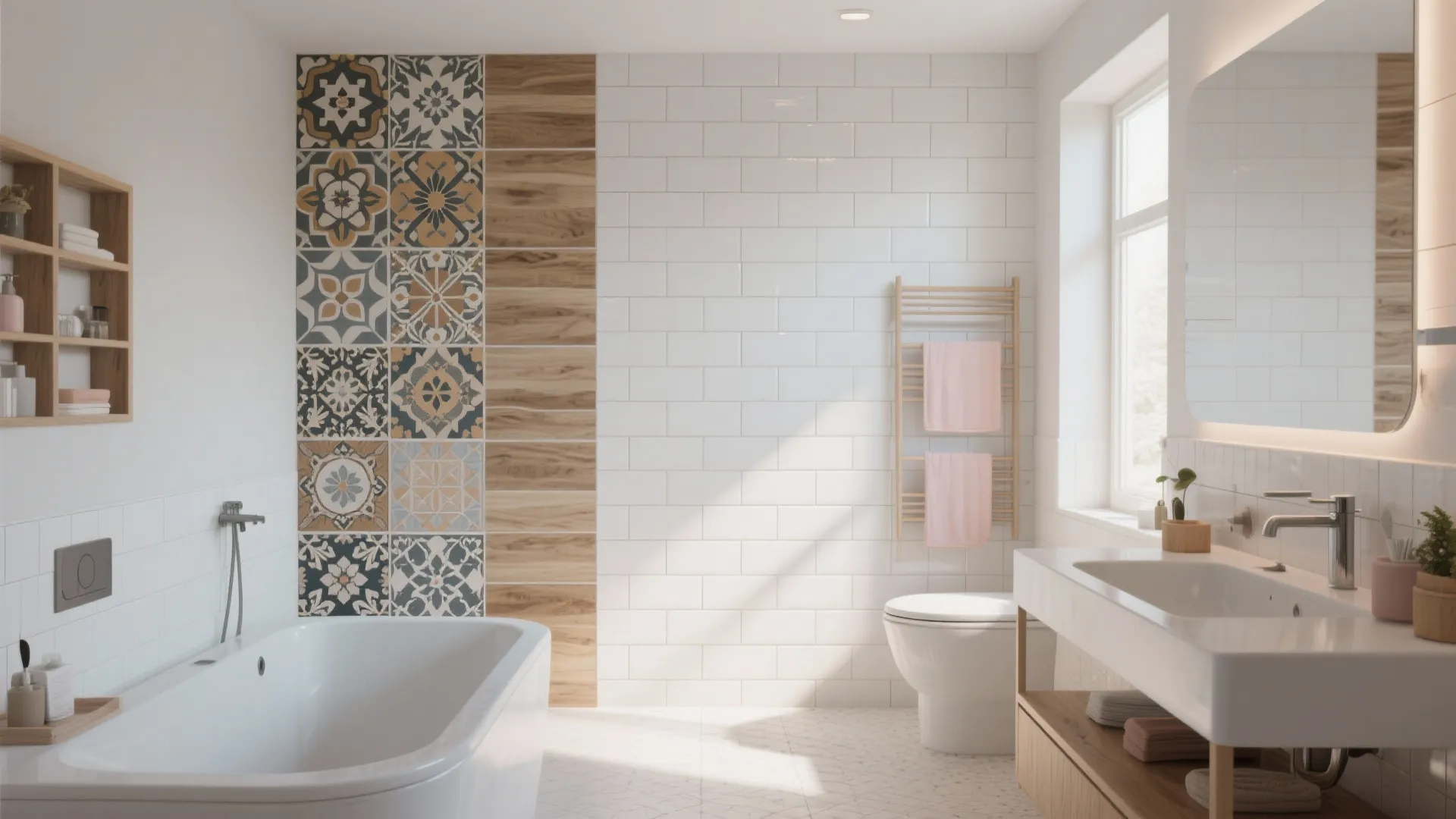 Bright bathroom featuring patterned wall tiles white bathtub wooden shelf and white sink with mirror