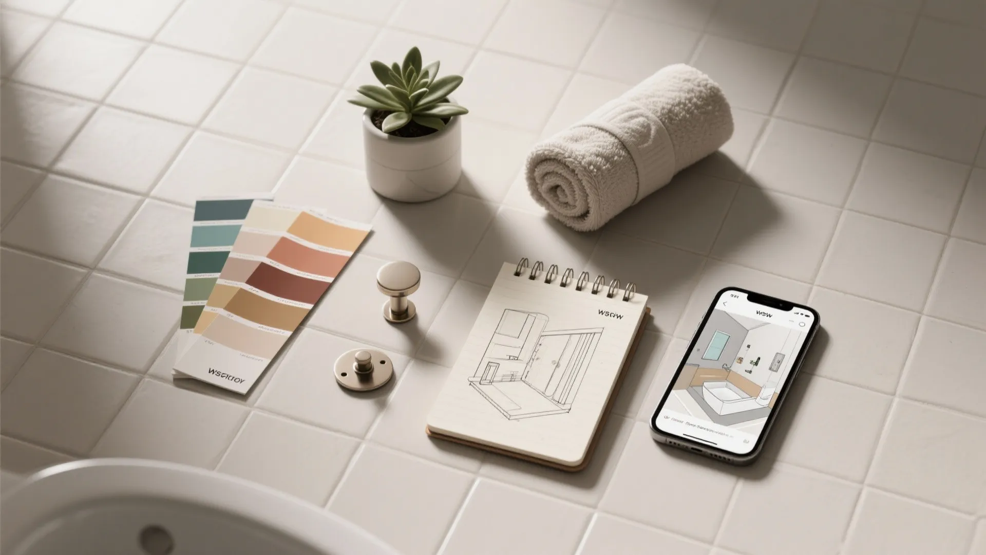 Flatlay of bathroom refresh essentials: swatches, towel, plant, hardware samples and layout sketches.