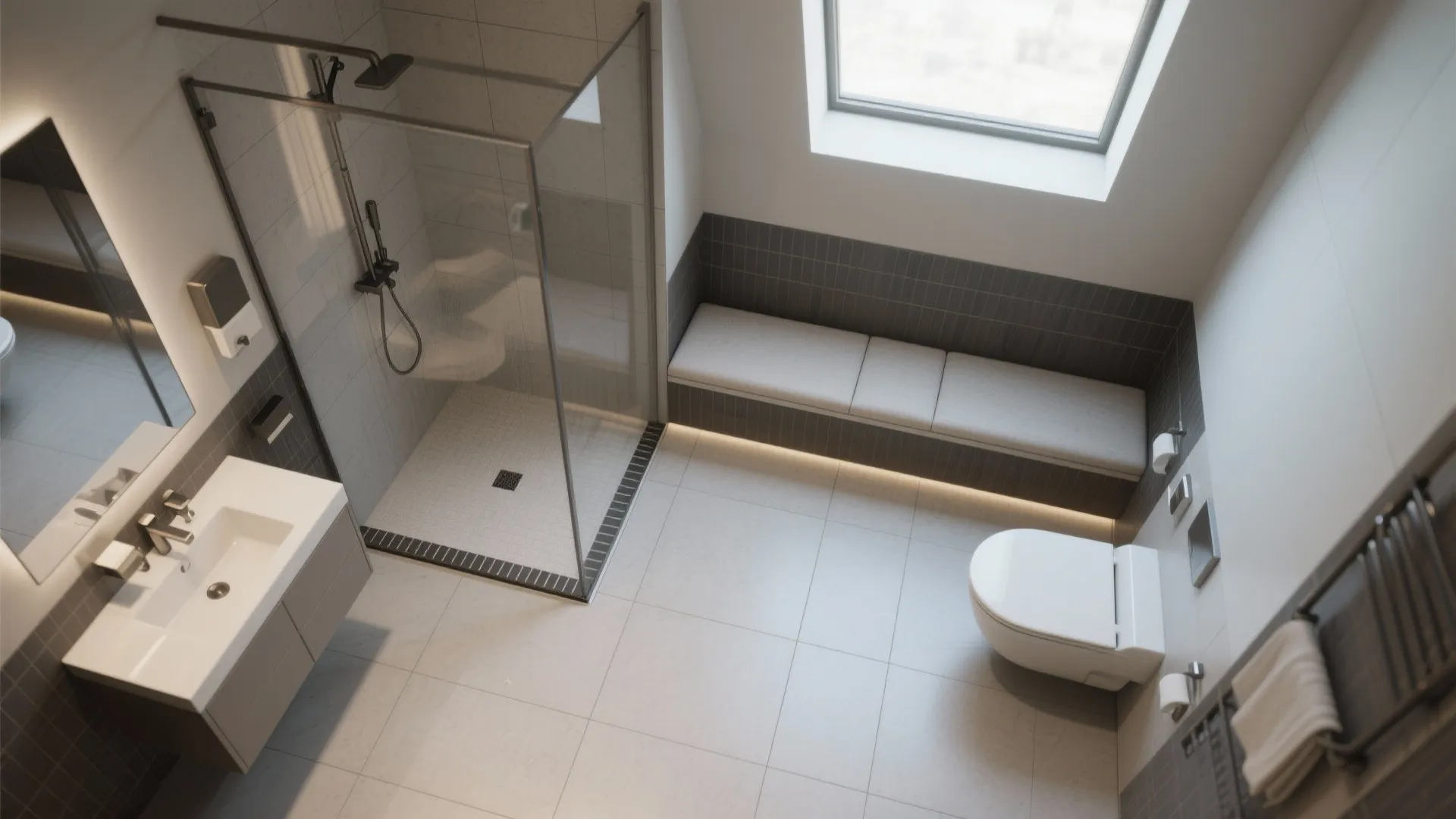 Top down room layout of a modern bathroom with glass shower white sink and long bench