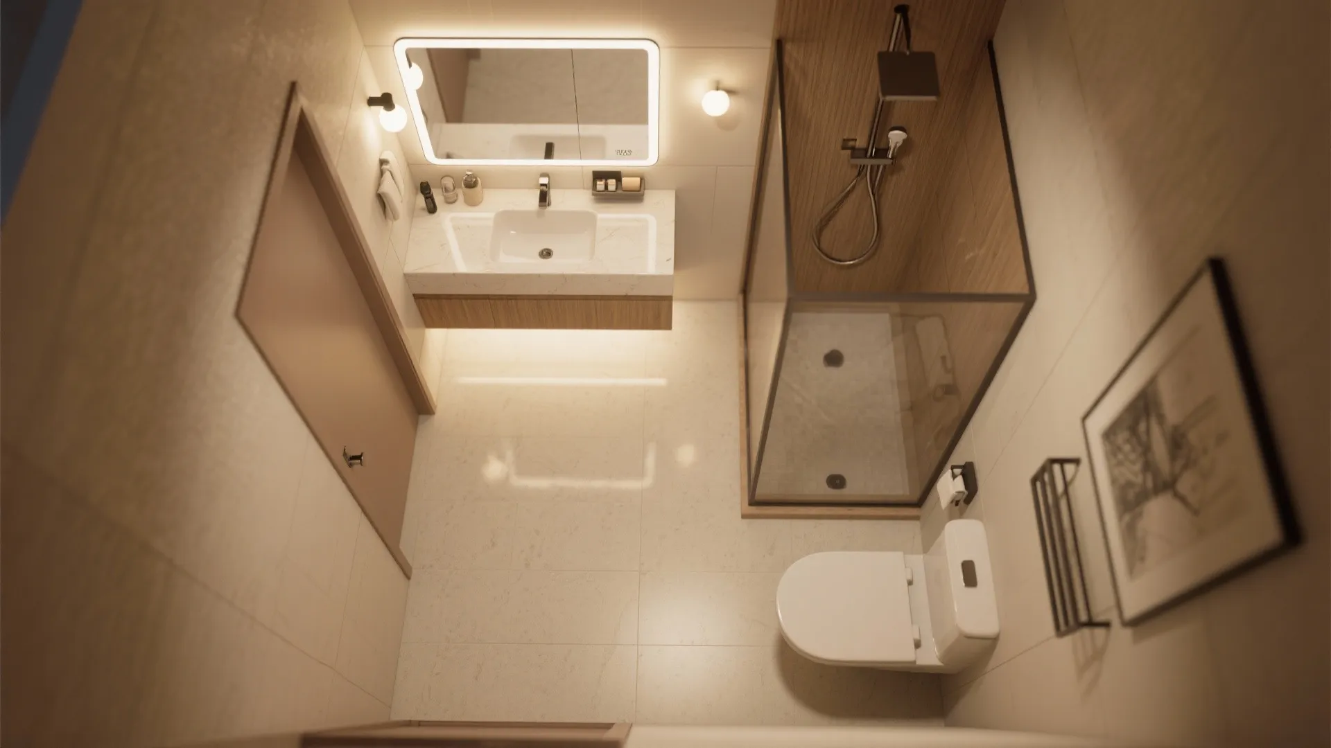 Top view of small bathroom layout with glass shower, white toilet, sink, and lighted mirror