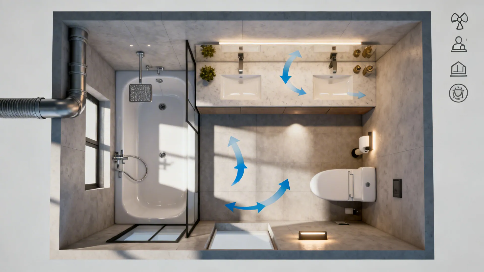 Top-down small bathroom plan showing wet and dry zones, airflow arrows, and layered lighting icons.