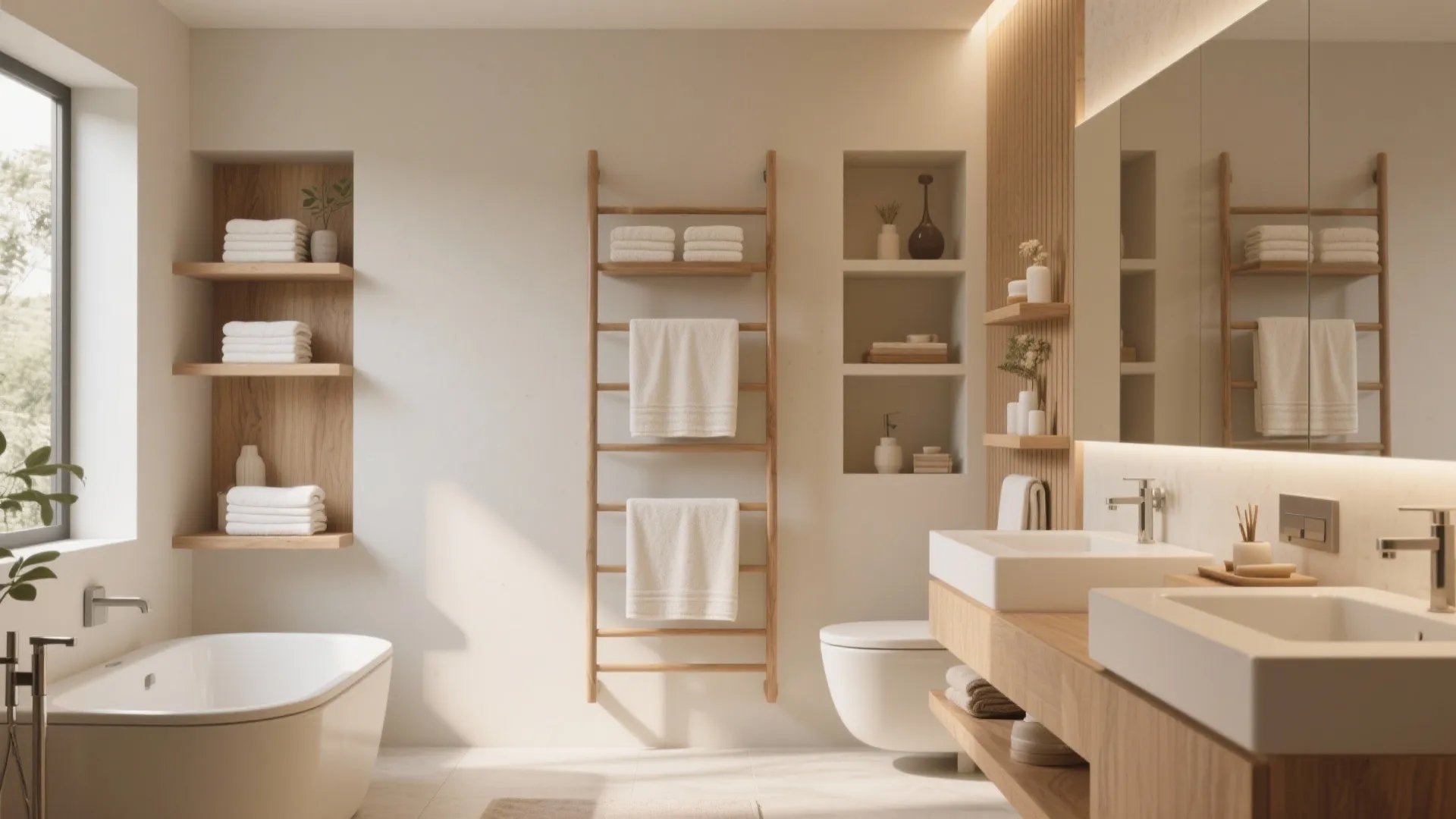 Modern bathroom with wooden towel ladder wall shelves white bathtub and double sink vanity unit