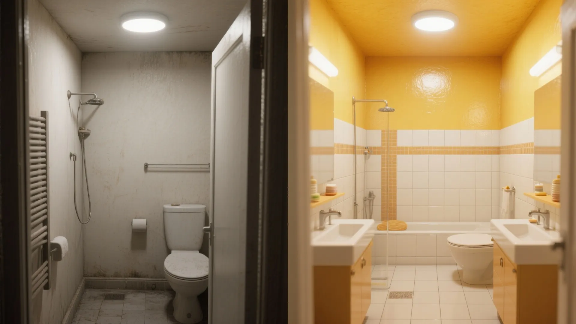 Before-and-after of a tiny bathroom transformed by a mustard ceiling and accent wall, spa-like and playful.