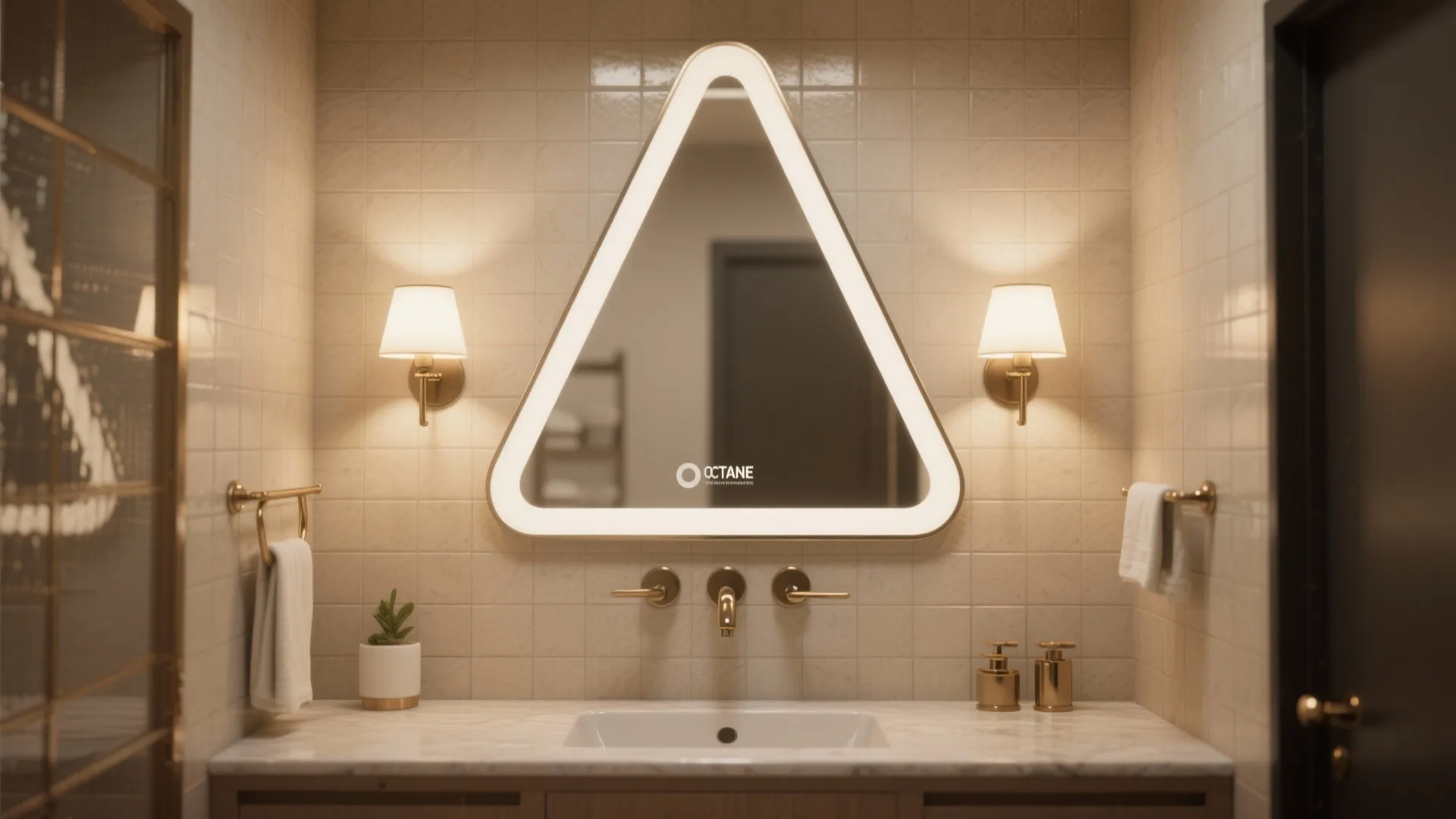 Modern bathroom with triangle led mirror plus two wall lights above marble sink with gold faucet